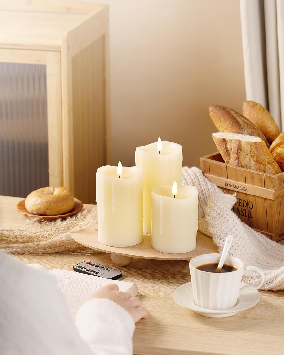 Ivory Flameless Candles with Remote and Timer, Real Wax Made Wax Drip LED Pillar Candles Battery Operated with 3D Flickering Flame Melted Top - 3" x 4", 3" x 5", 3" x 6" - Set of 3