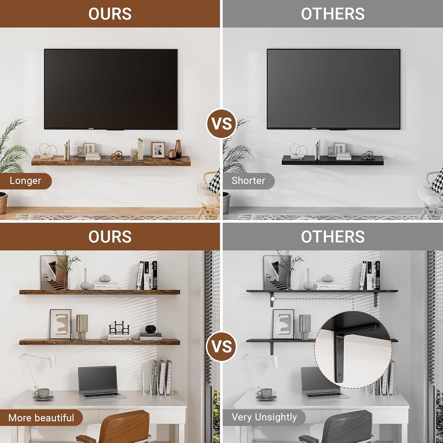 Heimlove 55 Inch Long Floating Shelves for Wall,9.3" Deep Rustic Brown Floating Shelf Set of 2,Large Display Shelf & Storage Shelf,Wall Mounted Shelves for Bedroom Living Room Kitchen Office