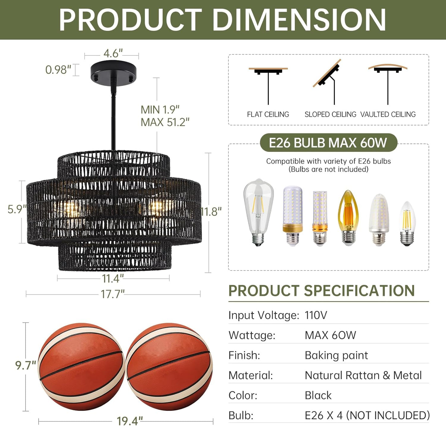 4-Light Black Boho Rattan Chandelier Light Fixture, 17.7” Hand Woven Rustic Chandeliers Farmhouse Chandelier Hanging Light for Dining Room Kitchen Island, Living Room, Foyer