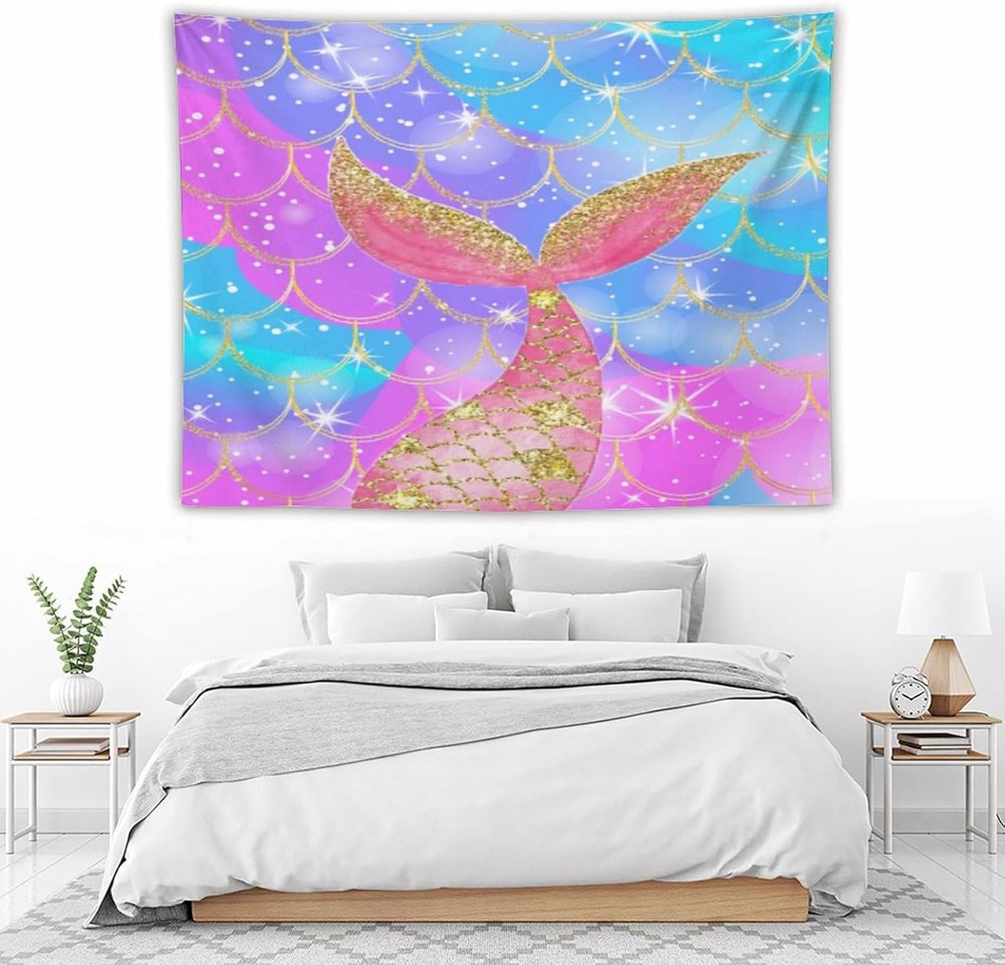 HZOHNAGO Mermaid Scales Tapestry Colorful Shiny Scales Mermaid Tail Pattern Printed Wall Tapestry Wall Hanging for Bedroom Living Room Dorm 80" W x 60" H