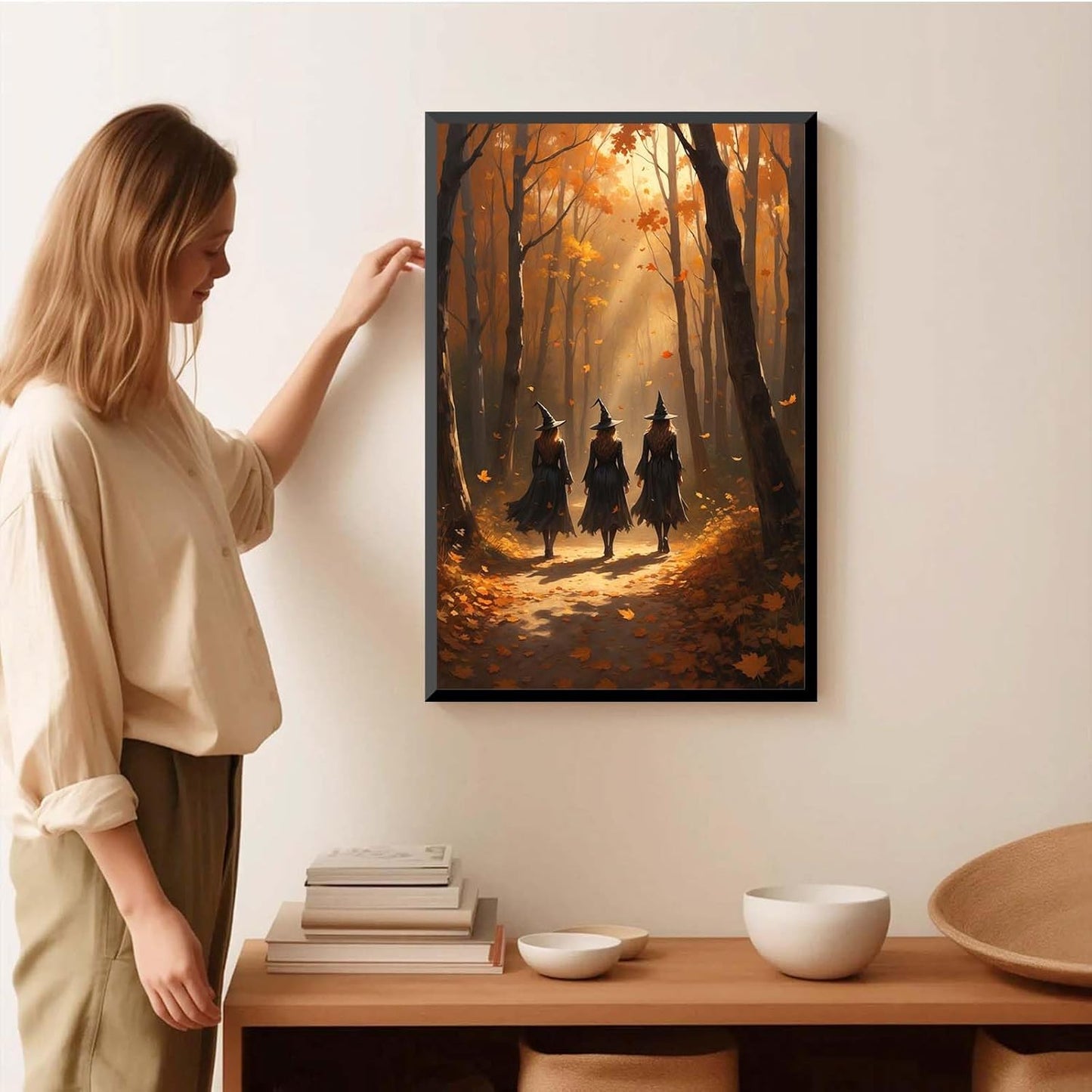JFHCQJPK Three witches walking in the forest in autumn canvas painting gothic poster halloween print country witch wall art for home decoration16x24in Metal blackFramed