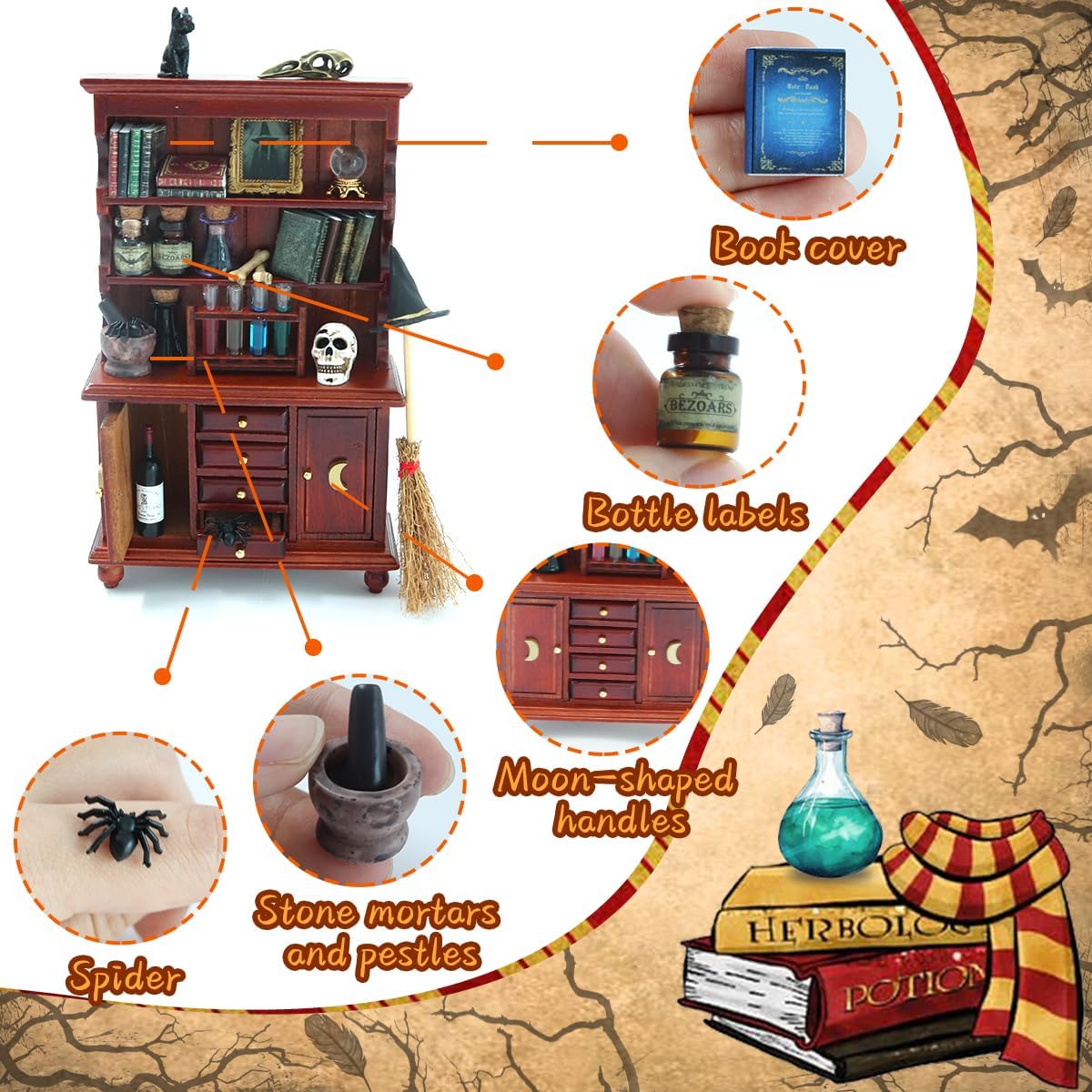 Dollhouse Miniatures 1/12 Scale Accessories, Wooden Bookshelf Furniture Set - Magic Bottle&Potion, Witch Frame and Hat, Mini Bookcase, Haunted Dollhouse Halloween Decorations for Kids Gifts