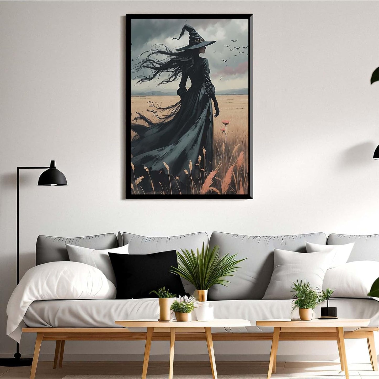 JFHCQJPK Gothic Decor Canvas Wall Art Witch in Rice Field Halloween Art Decor Print Nature Print Victorian Home Bedroom16x24in Metal blackFramed