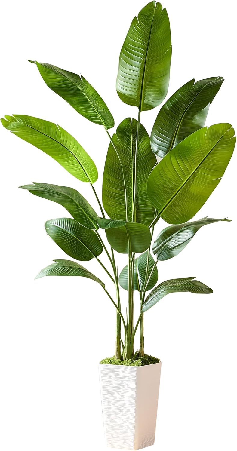Lifelike Bird of Paradise Silk Artificial Plant Faux Banana Leaf Tree for Home Decor - Perfect Indoor Floor Plant with 11 Trunks (1, White Tall Planter, 6.6 FT)