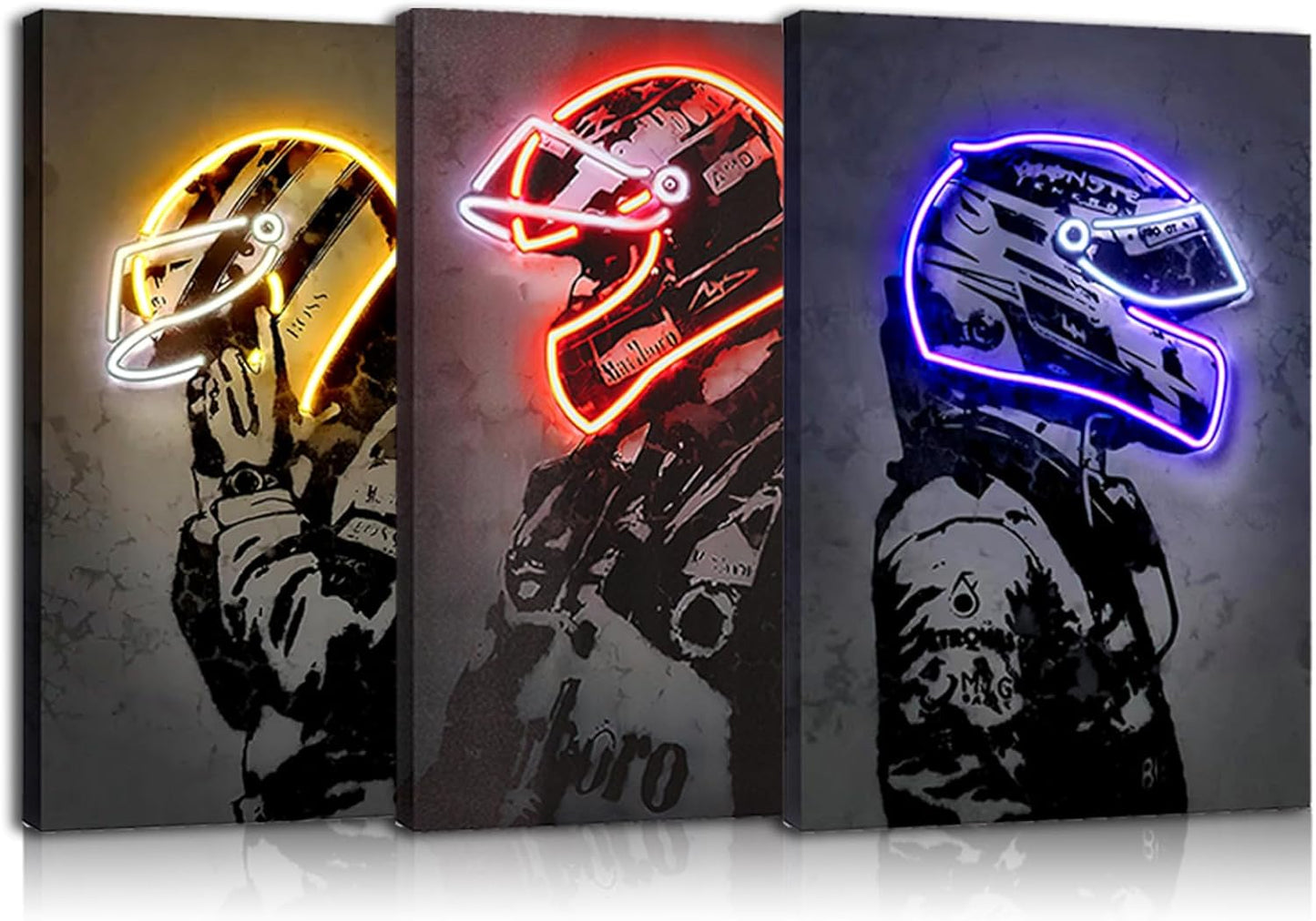 Sorventina Racing Superstar Wall Decor Canvas Prints- 3pcs Set Sports Painting Art Decor, Neon Racing Driver and Motorcycle Wall Art for Bedroom Living Room Home Decor, Wrap Framed(colorful, 16x24)