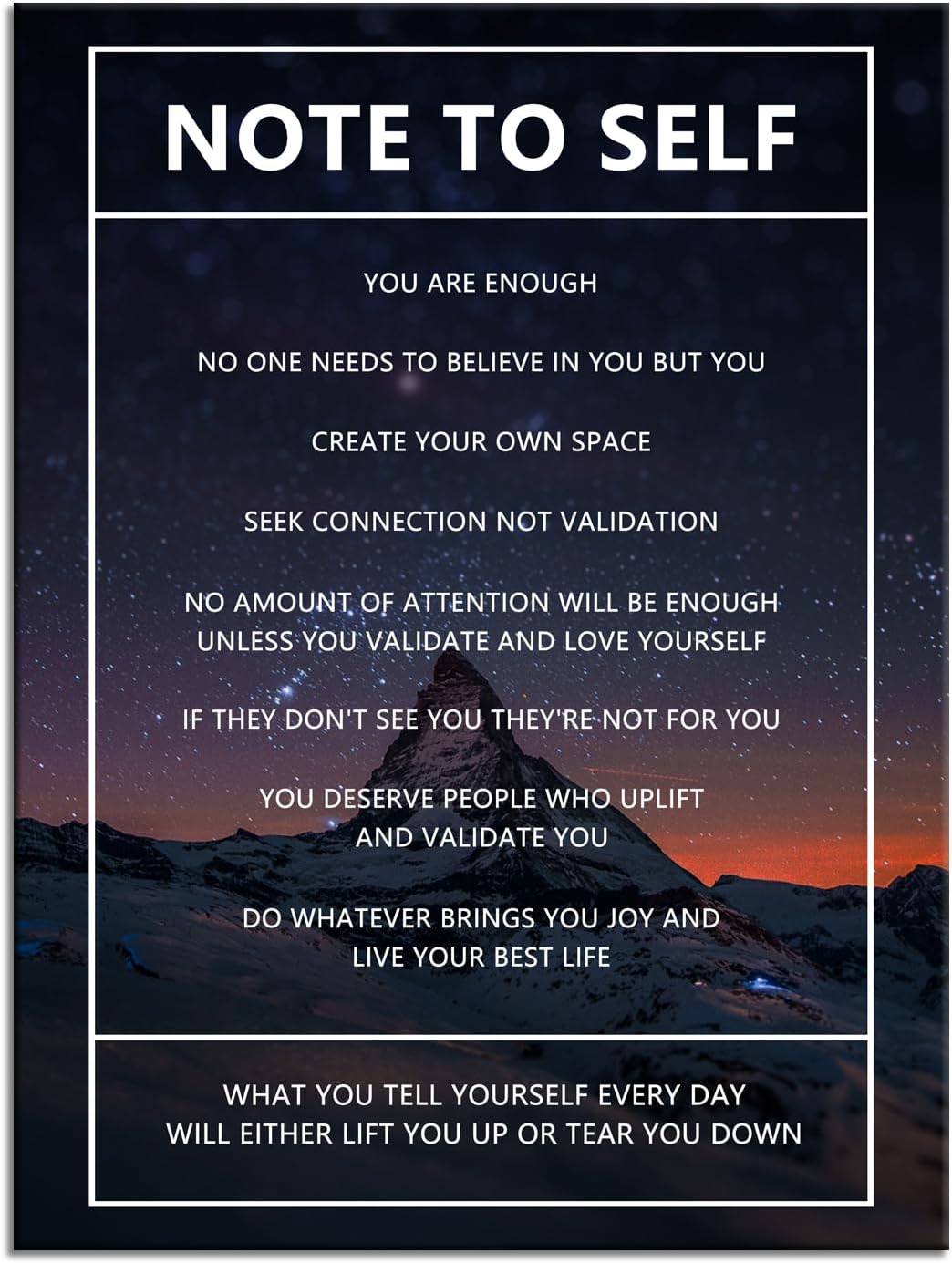 Motivational Canvas Wall Art for Office Note to Self Inspirational Snow Mountain Starry Sky Poster Inspiring Canvas Painting Prints Wall Pictures for Home Decor Framed Artwork [30''W x 40''H]