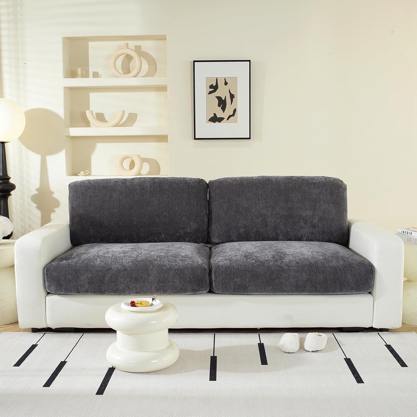 Large Backrest Cushion Covers Super Stretch Backrest Covers for 2 Cushion Couch Sofa, Couch Back Cushion Covers Featuring with Chenille Yarn (Softer Version, 2PC, Dark Grey)