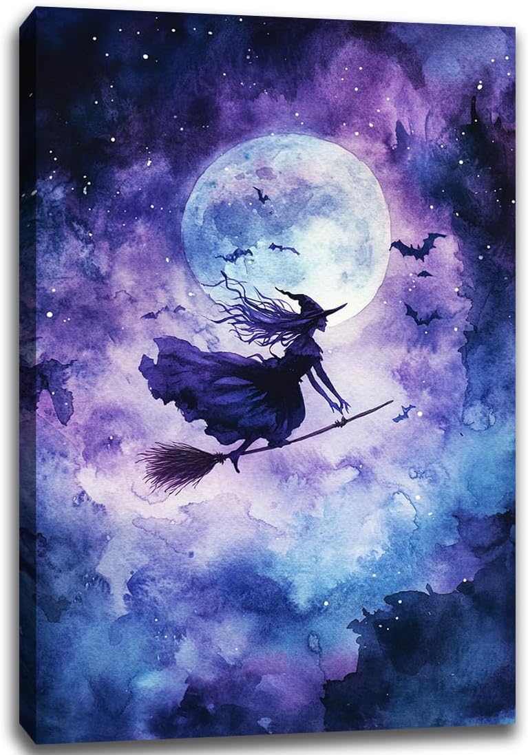 Witch On Broom Flying Wall Art,Gothic Halloween Canvas Wall Art,Victorian Witch Silhouette In Moonlight Broomstick Poster Pictures,Creepy Halloween Purple Night Sky Print,20"x30" Framed