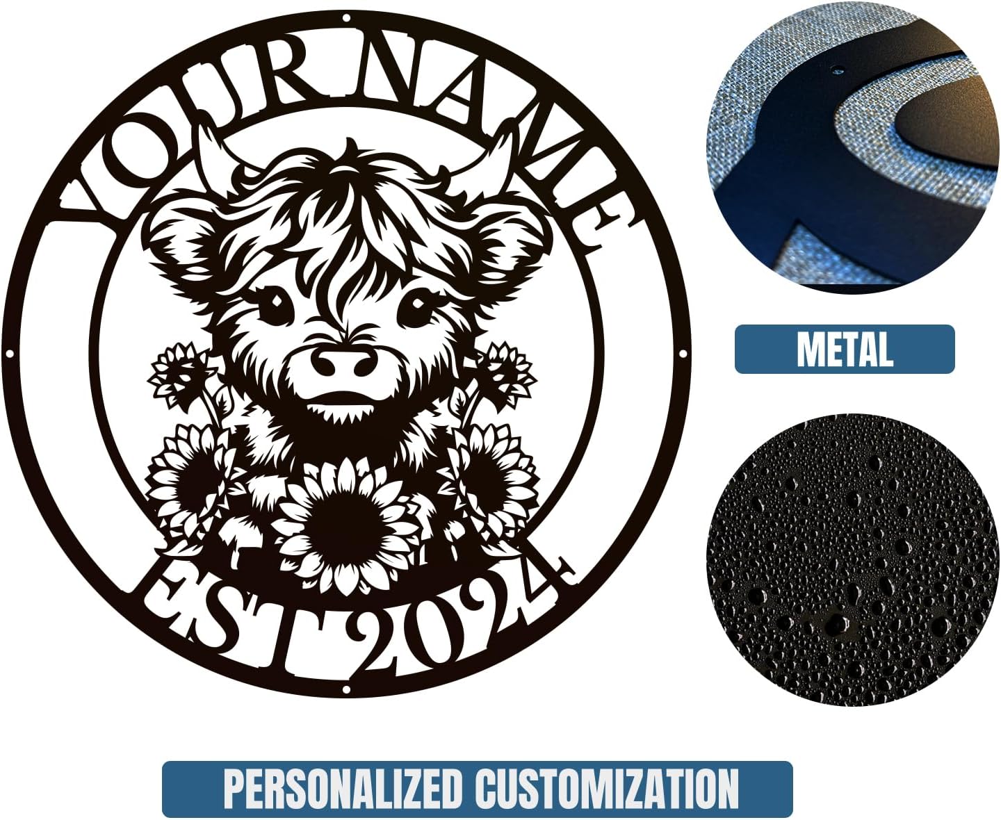 Personalized Highland Cow Name metal Signs,Custom Highland Cow Metal Shed Wall Decor,Black Metal Wall Art Plaques Outdoor wall Decorative Signage (Style E)