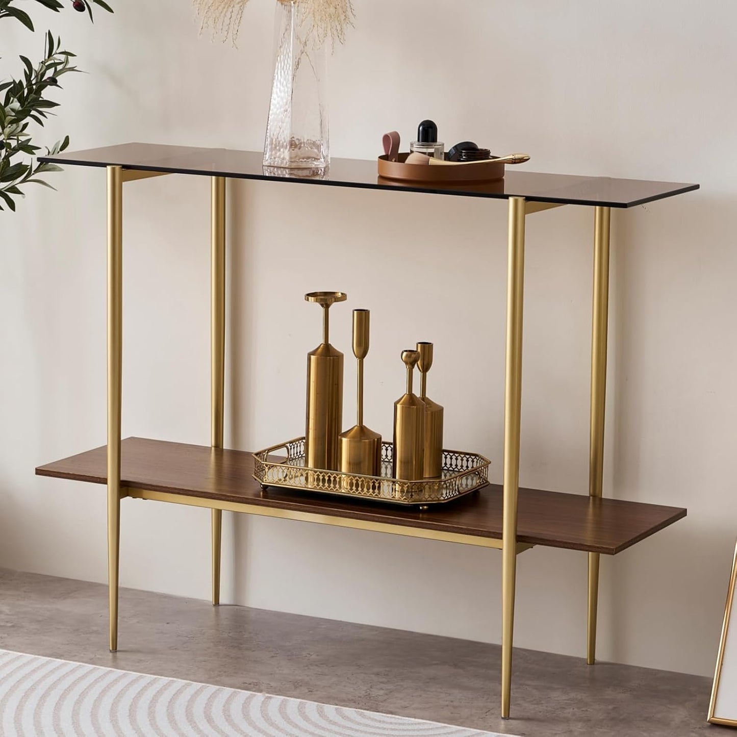 Glass Console Table for Living Room, Foyer & Entrance, 2-Tiers Mid-Century Modern Sofa Table with Amber Glass Top, Walnut Finish Wood Shelf and Gold Finish Frame