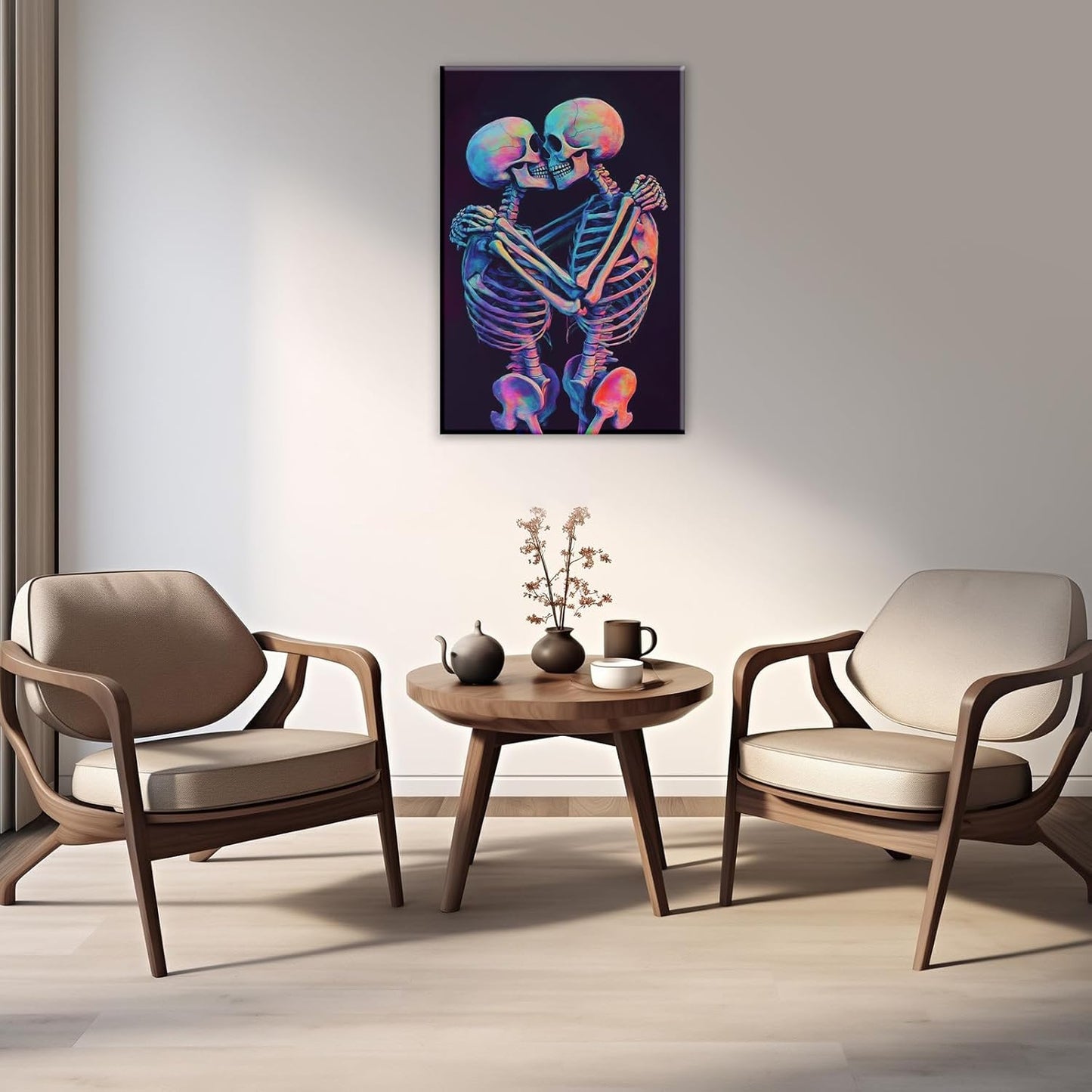 Skeleton Wall Art Kissing Skull Art Poster Skeleton Lover Picture Print On Canvas Abstract Horrible Theme Painting Framed Artwork Living Room Decor(Artwork-3,12"x18")