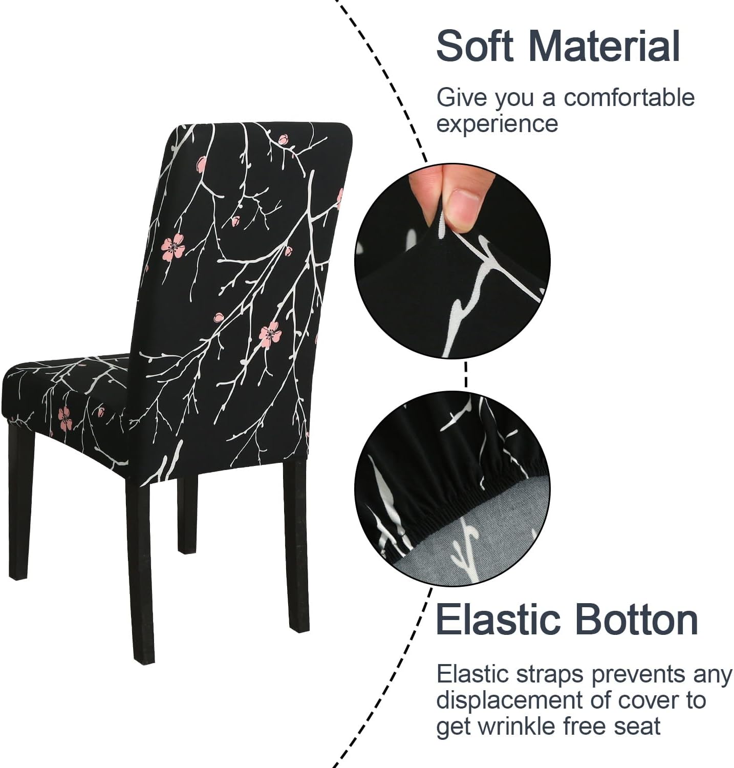 JQinHome Pattern Chair Covers for Dining Room Set of 4, High Stretch Removable Washable Parsons Chair Slipcover for Home Party Hotel Wedding Ceremony (Flourish Black,4PCS)