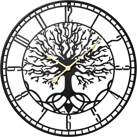 Tree of Life Wall Clock – Elegant 24-Inch Oversized Metal Farmhouse Decor for Living Room, Modern Battery Operated Wall Clock with Silent Operation