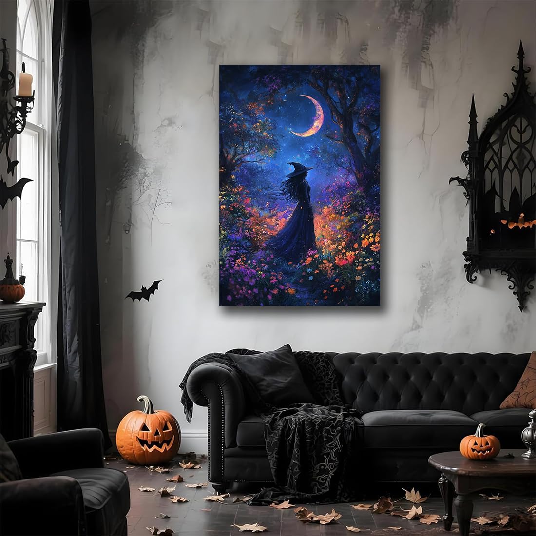 Vintage Halloween Witch Decor Mystic Gothic Wall Art Poster,Enchanting Witch Fall Whimsical Wildflowers Woodland Forest Crescent Moon Picture Art,Creepy Witchy Home Decor,20"x30" Framed