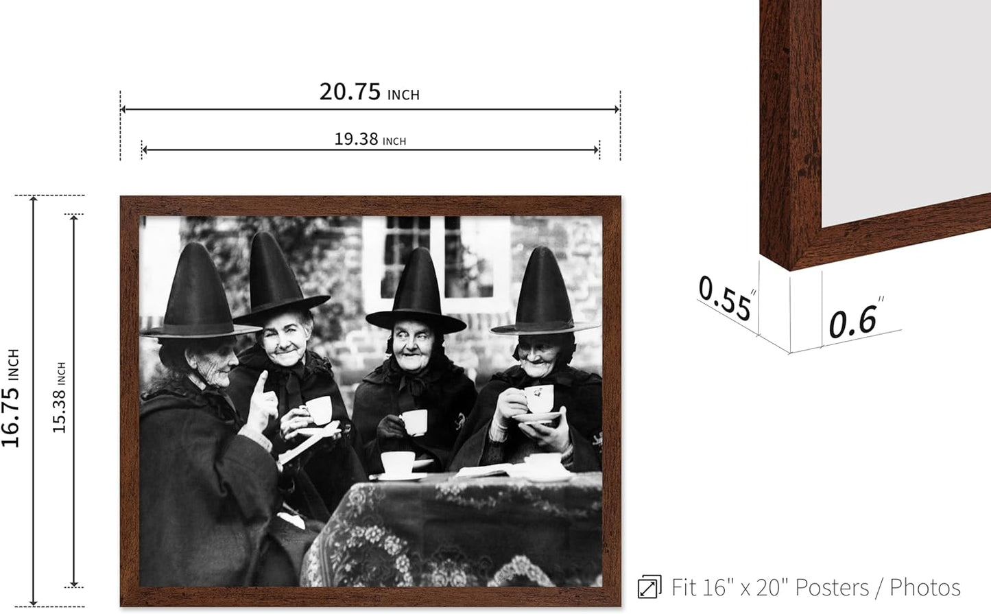 Poster Master Classic Photograph Poster - Vintage Halloween Print - Gift for Artist, Friend - Witches Tea Party, Old Women Smiling, Wearing Robes - Wall Decor for Living Room, 16x20 Brown Framed