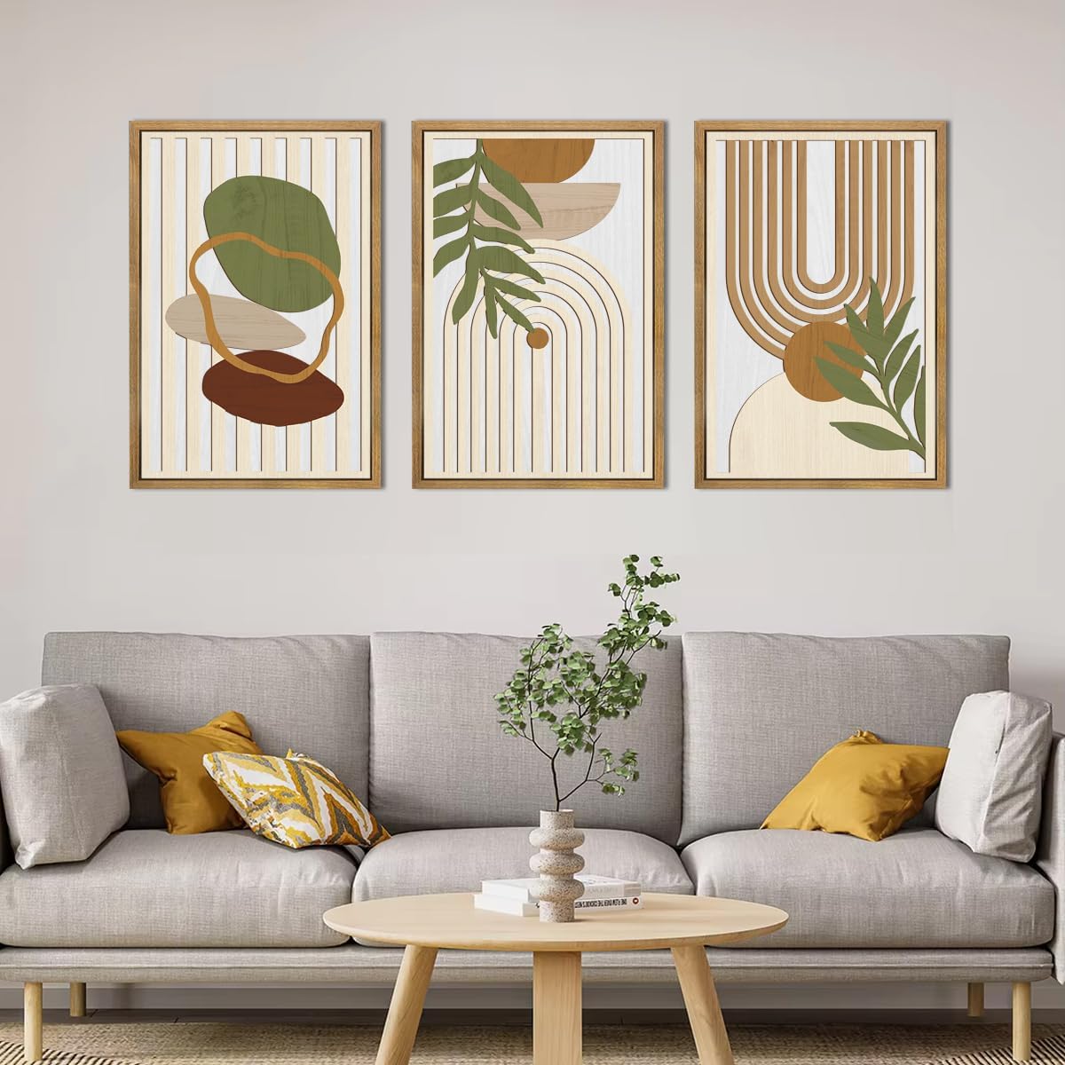Large Sage Green Boho Wall Art Set Abstract Modern Geometric Wood Wall Decor Mid Century Neutral Artwork Bohemian Art Decor for Living Room Bedroom Office-16x24Inch x3
