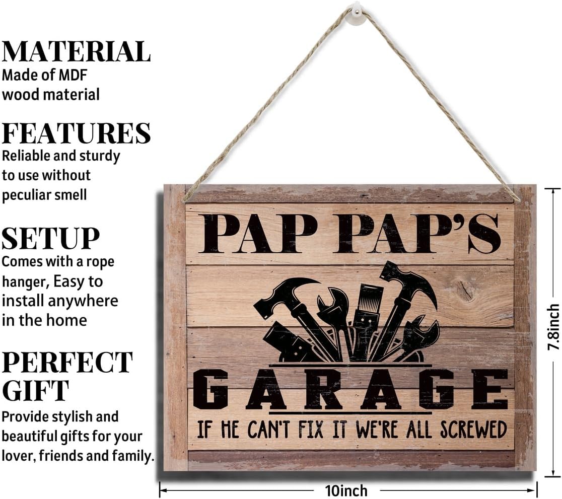 Rustic Sign, Father's Day Gift, Dad's Gift, Grandpa's Gift, Decor Hanging Wood Signs, Printed Wood Wall Art Sign, Pap Pap's Garage, If He Can't Fix It We're All Screwed, Vintage Sign Gift for Grandpa