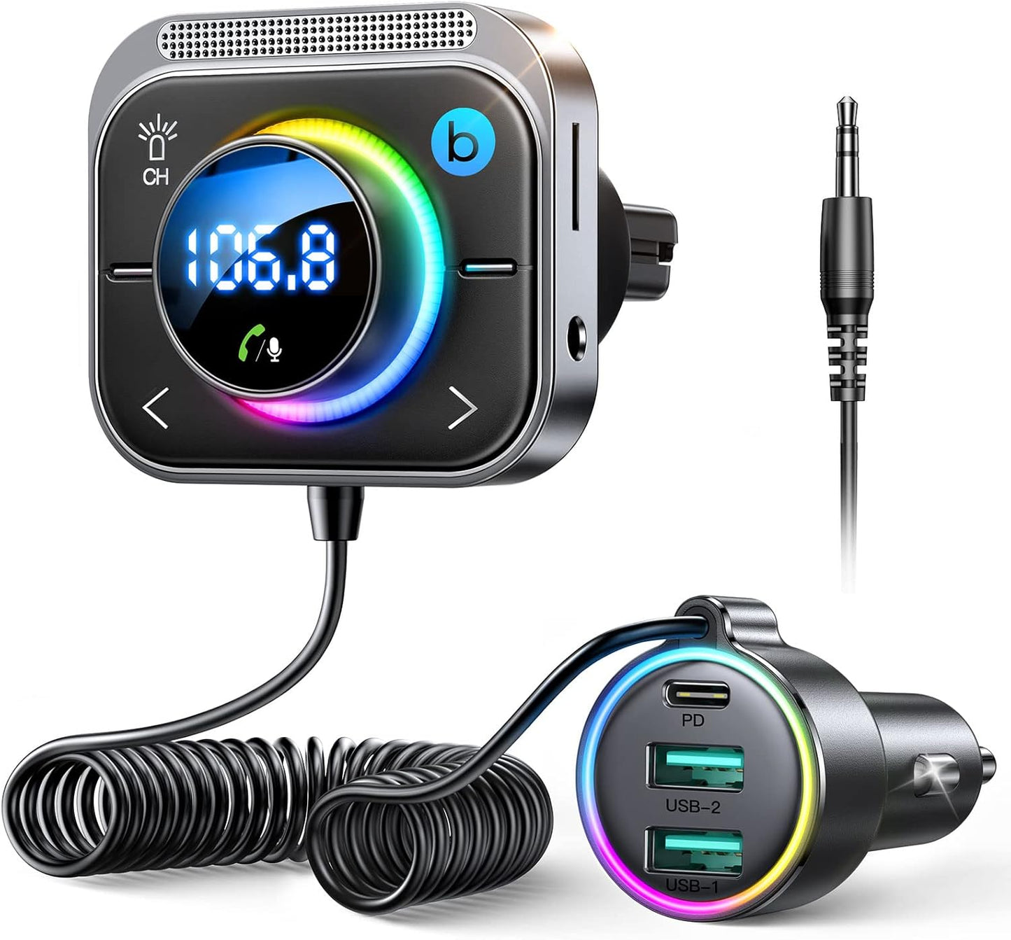 JOYROOM 66W Bluetooth 5.4 Car Adapter Aux with 3 Charging Ports【PD 30W & 2 * 18W】【Air Vent Installation for Safe】 Deep HiFi Bass Player Wireless Radio FM Transmitter for Car with Colorful LED Light