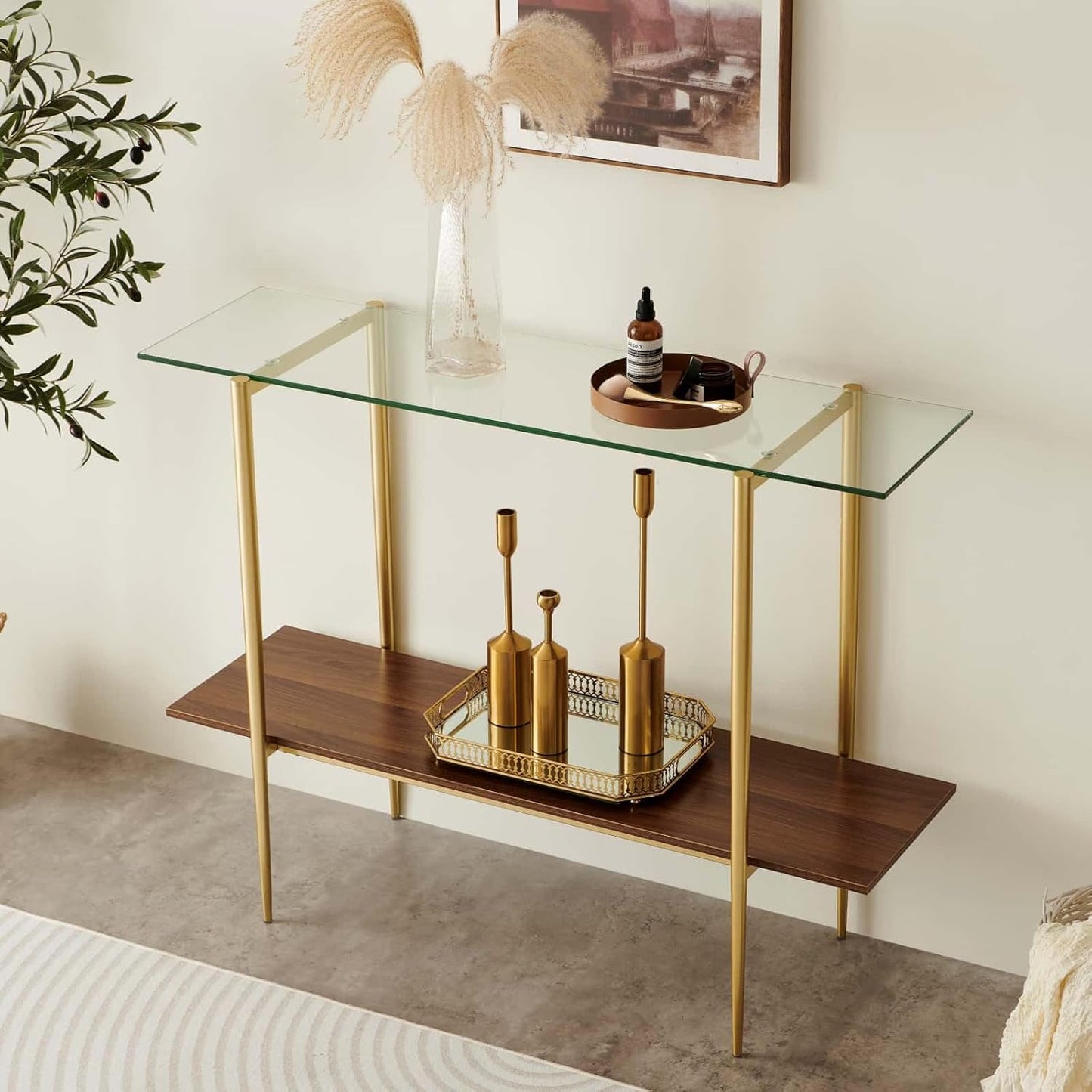 Glass Console Table for Living Room, Foyer & Entrance, 2-Tiers Mid-Century Modern Sofa Table with Clear Glass Top, Walnut Finish Wood Top and Gold Finish Metal Frame