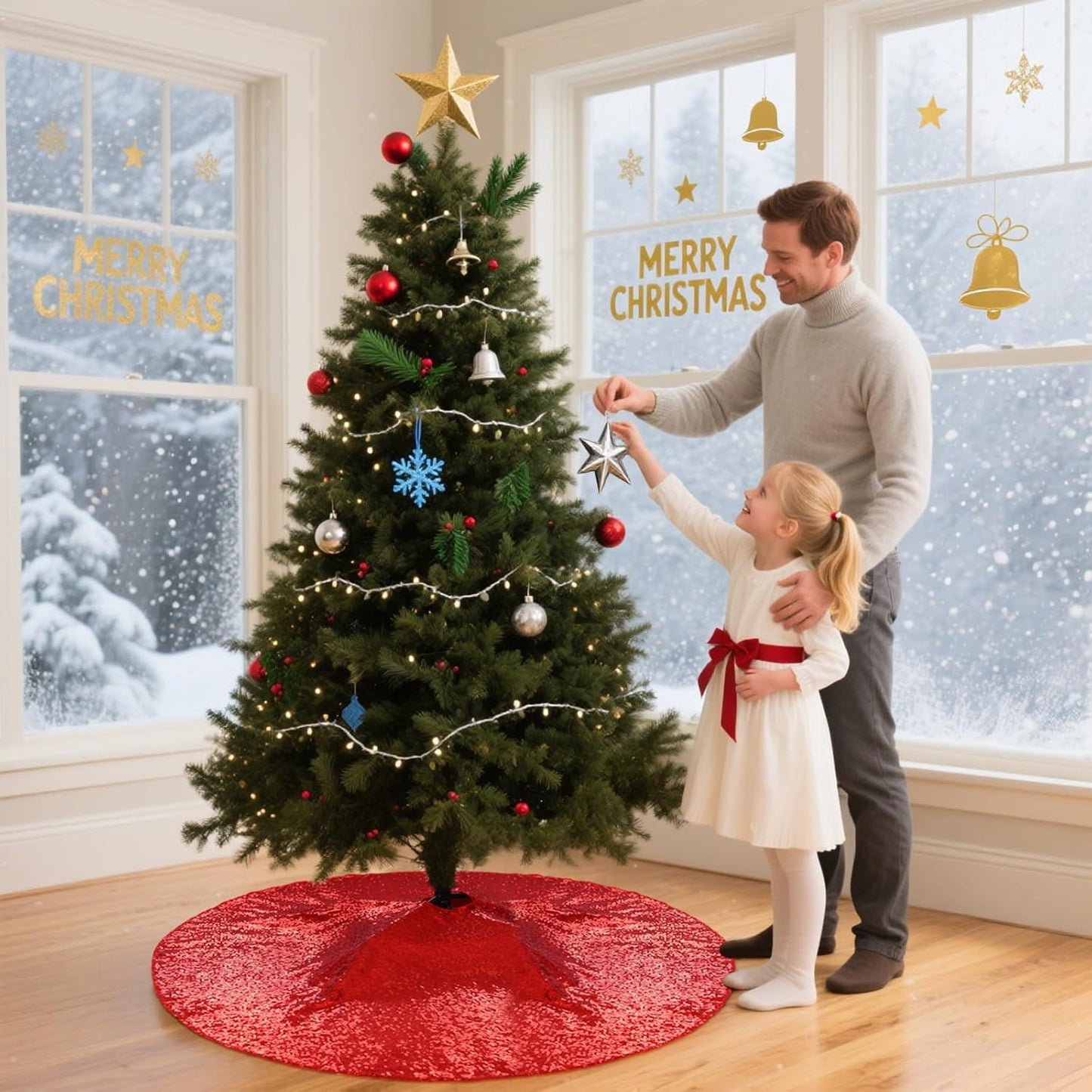 Eternal Beauty Christmas Tree Skirt, 50 Inch Red Sequin Tree Skirt Small Xmas Tree Skirt for Christmas Tree Decorations