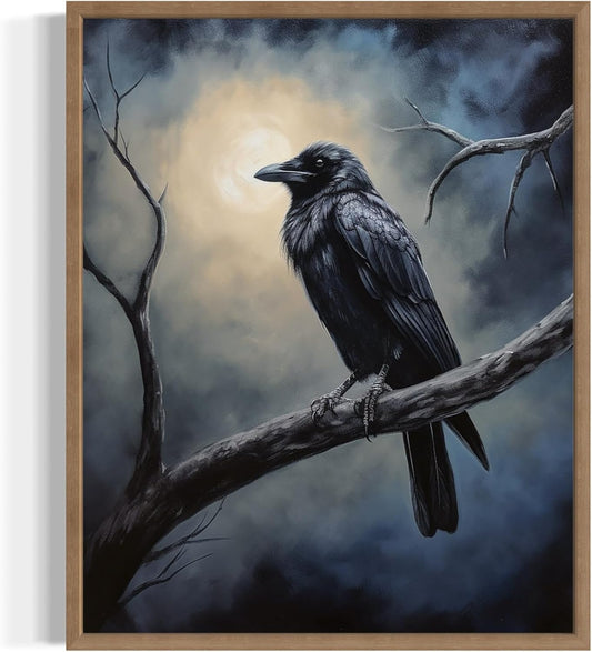 Crow under the Moonlight Poster Art Print, Halloween Scary Vintage Wall Art Academia Spooky Painting Decoration for Horror Prints, Gothic Posters Bedroom Decor 89 (Crow under the Moonlight, 16 x 20 inches, Wood Frame)