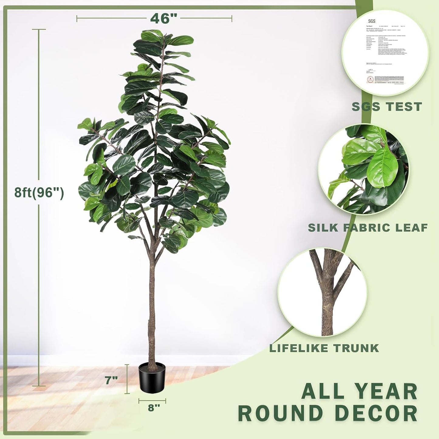 8ft(96in) Fiddle Leaf Fig Tree Artificial - Tall Faux Fiddle Leaf Fig Tree - Fake Fig Plant with Realistic Texture for Indoor Outdoor Modern Home House Office
