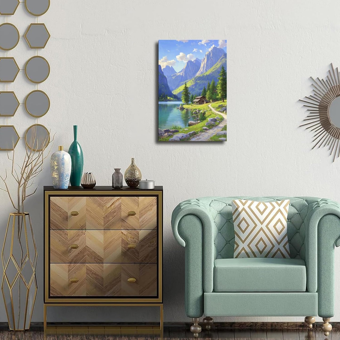 Landscape wall painting of mountain forest lakeside cabin under blue sky and white clouds natural oil painting poster suitable for living room bedroom office