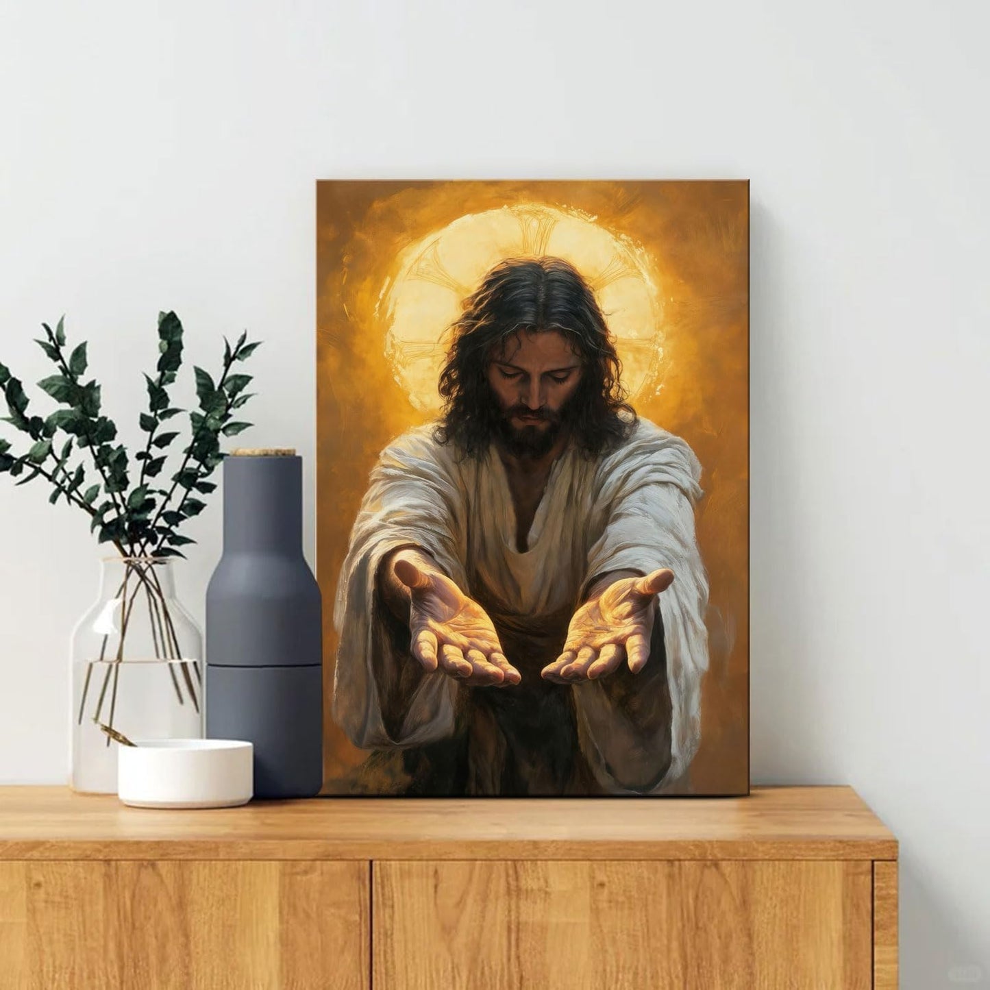 Framed Jesus Canvas Wall Art Painting with Gold Halo Christian Religious Poster Inspirational Christian Gallery Decor Painting Home Church Prayer Room Wall Hanging Print 16x24 Inch Ready to Hang