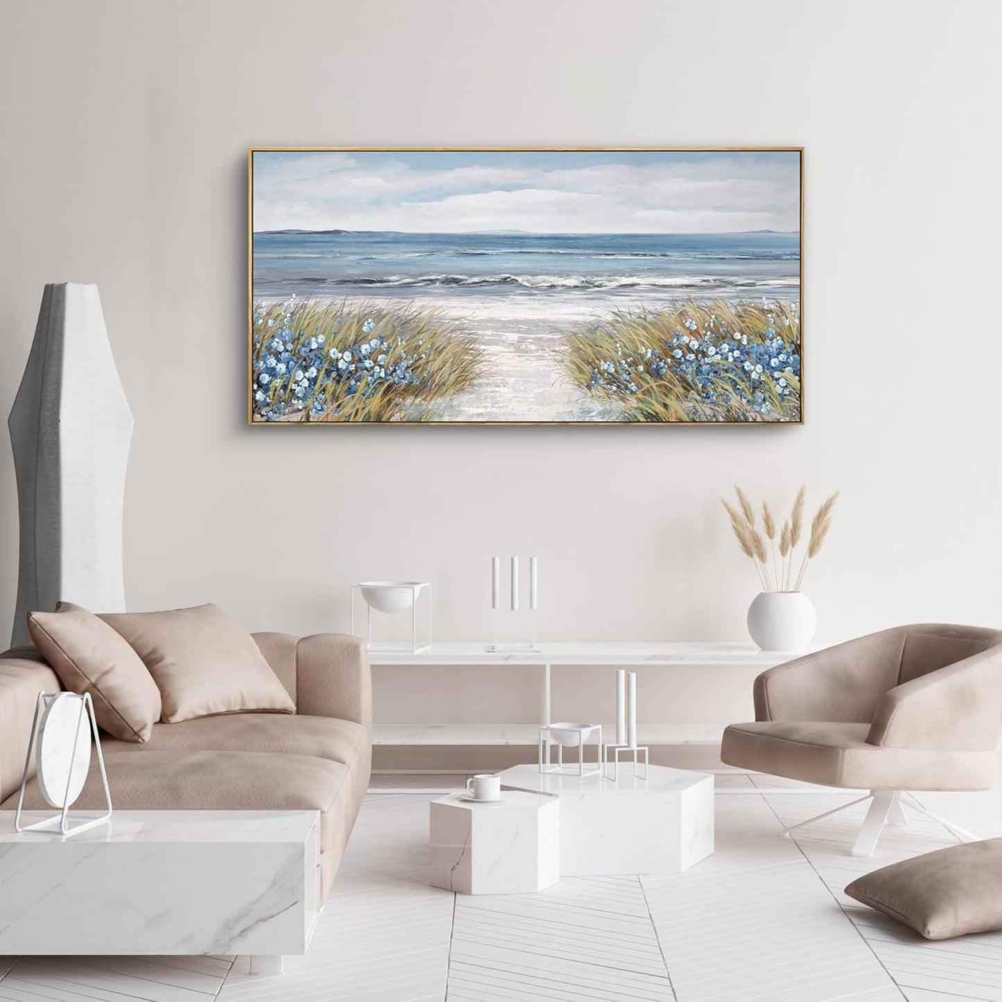 XLSJERST Framed Wall Art for Living Room Decor - Farmhouse Boho Beach Coastal Vintage Floral Ocean Wall Picture Flowers Sea Canvas Print Seascape Artwork for Home Living Room Bedroom Office 24x48