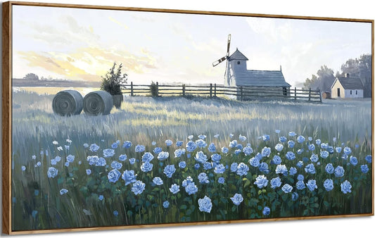 amatop Extra Large Wall Art Bedroom – Framed Country Landscape Canvas Art Blue Floral Field Windmill Print with Natural Wood Frame Rustic Wildflower Picture Home Decor for Living Room Office 58x29 Inch