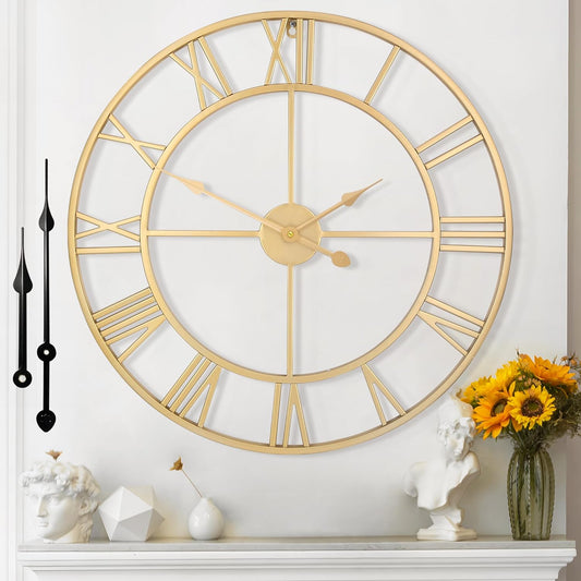 Large Wall Clock for Living Room Decor - 60cm/ 24 Inches Silent Non-Ticking Metal Wall Clocks Battery Operated, Vintage Decorative Modern Wall Clock for Bedroom, Office, Farmhouse Decor
