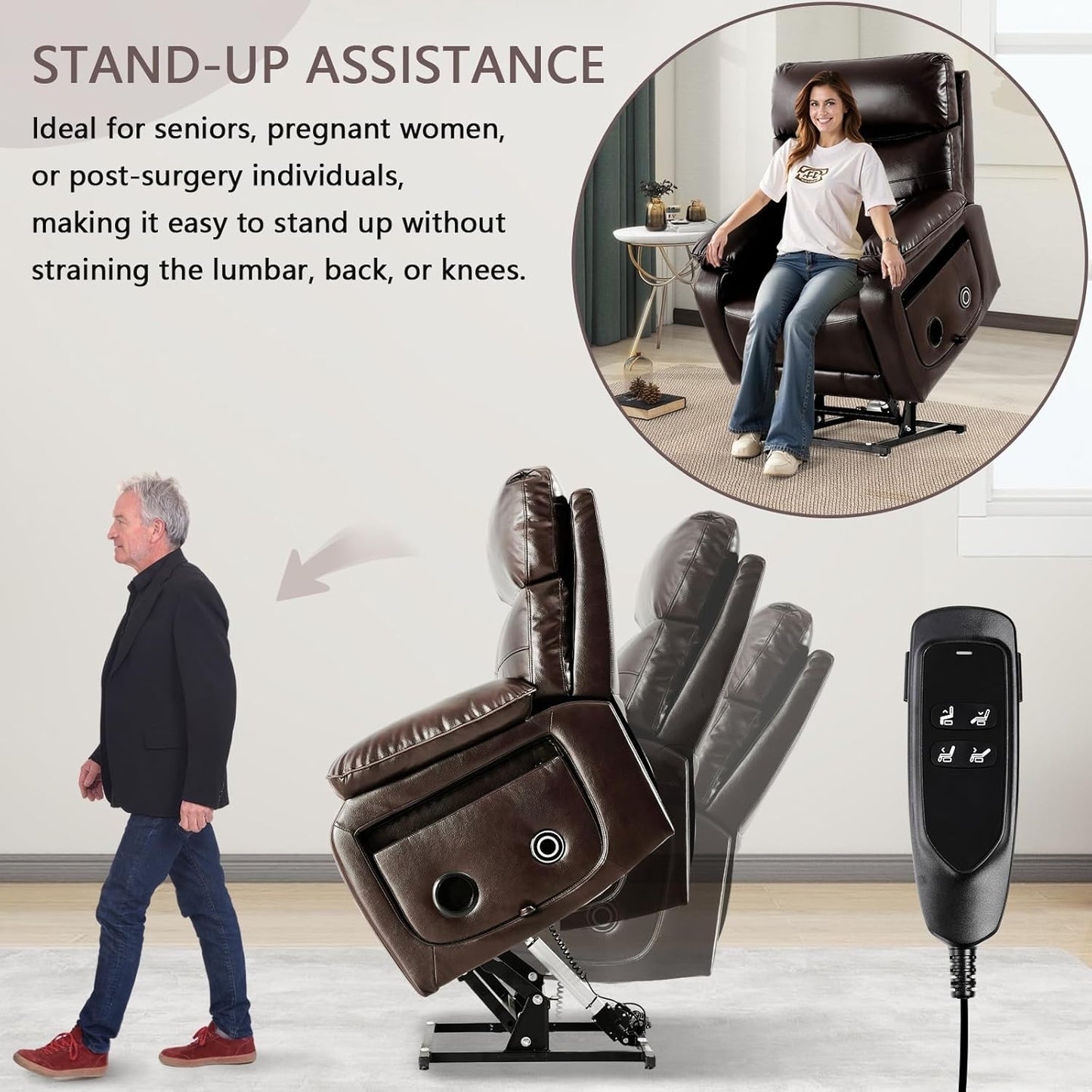 Dual Motor Power Lift Recliner Chair for Adult & Elderly, Infinite Position Lay Flat Lift Chair with Heat & Massage, Cup Holder, Lumbar Pillow, Wireless Charger, USB Ports, Leather (Brown)