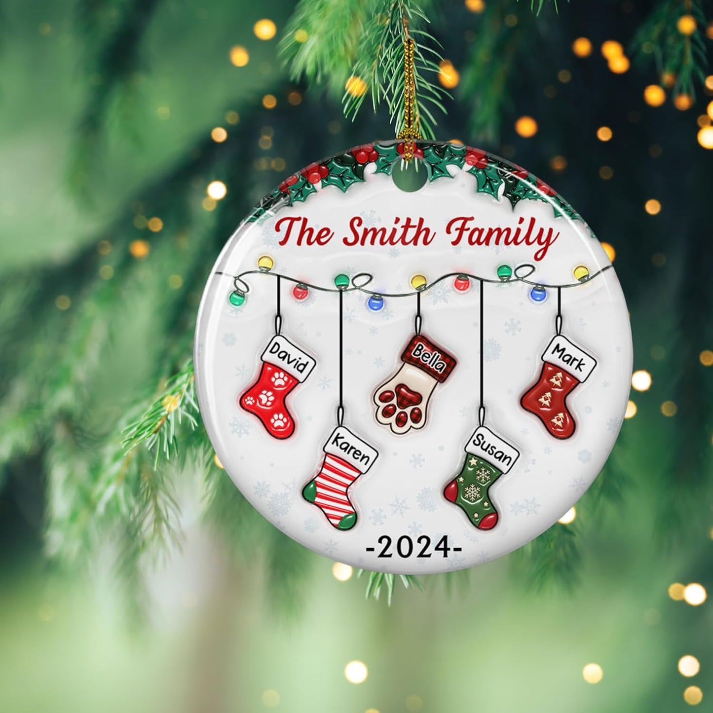 Stocking Personalized Family Christmas Ceramic Ornament 2025-3D Inflated Effect Custom Name Hanging Stock up to 10 Members, First Xmas as A Family Ornament Gifts (A04, 10 Names)