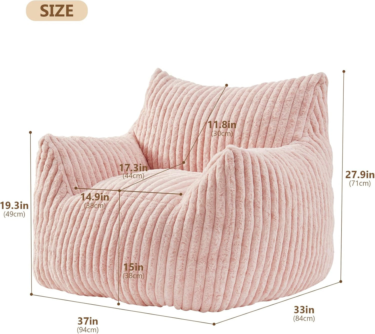 Giant Bean Bag Chairs for Adults Teens, Large Bean Bag Sofa Chairs with Filling Comfy Fuzzy BeanBag Chair with Armrests for Bedroom Living Room Reading