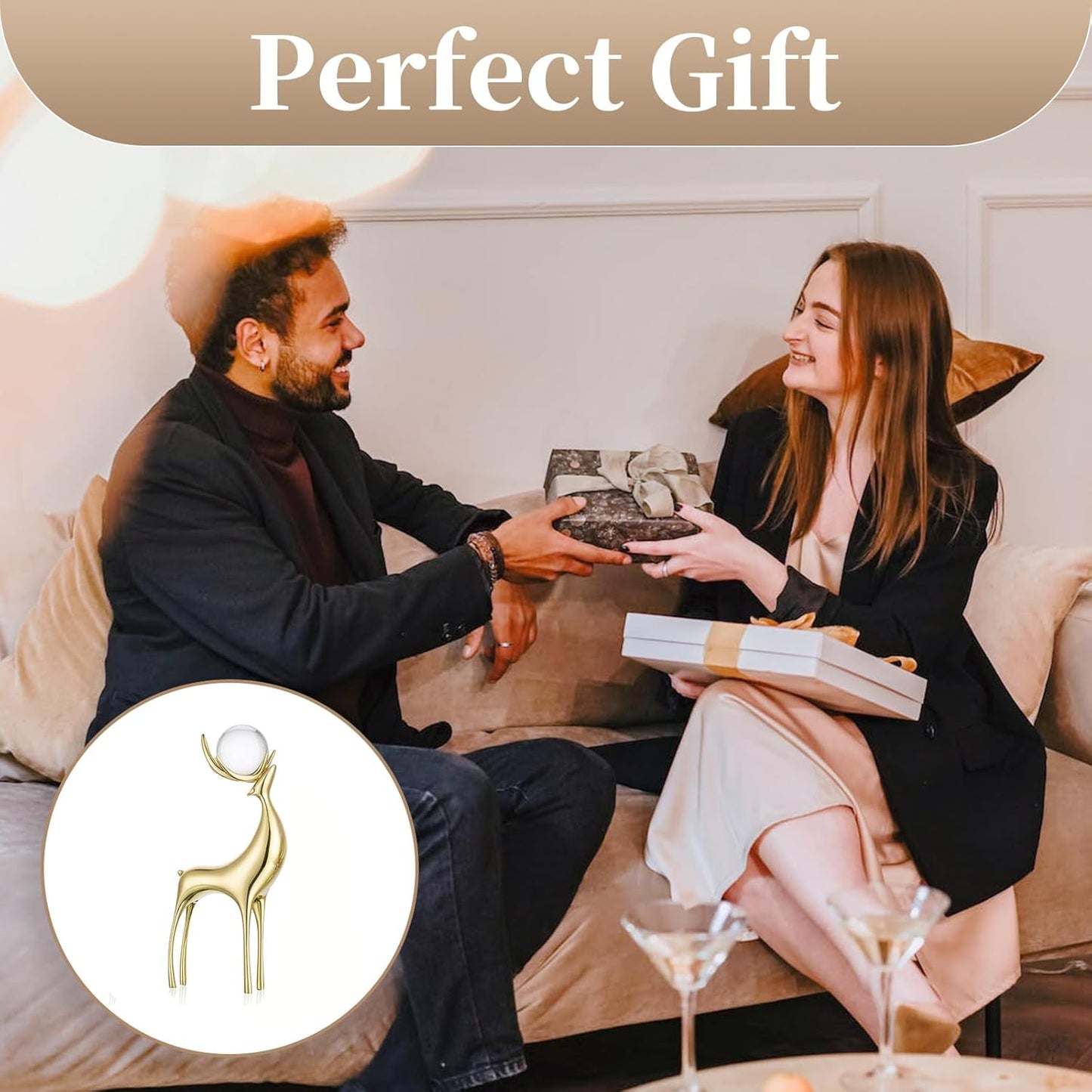 Sziqiqi Brass Reindeer Christmas Statue - Deer Sculpture for Living Room Decor - Gold Metal Reindeer Antler Animal for Tabletop