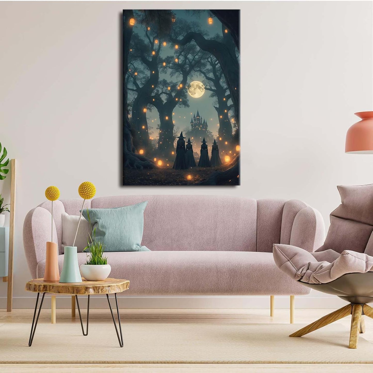JFHCQJPK Mysterious creek painting witch and castle in magic forest art print canvas gothic print dark college decoration poster for home bedroom24x36in Frameless