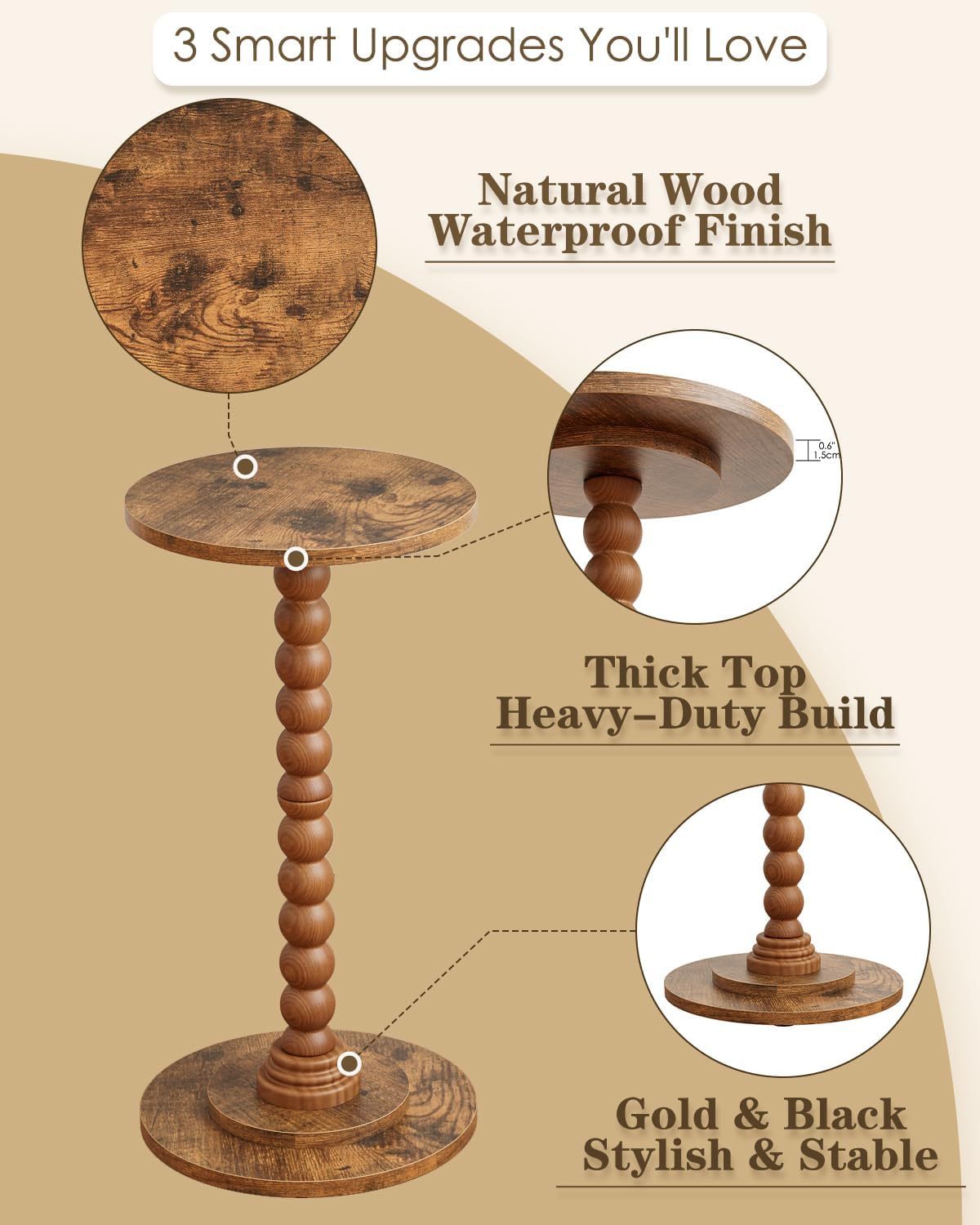 Masupu Round Side Table, Small End Table for Small Spaces, Pedestal Drink Table with Solid Wood Leg for Living Room, Bedroom, Corners(Rustic Brown)