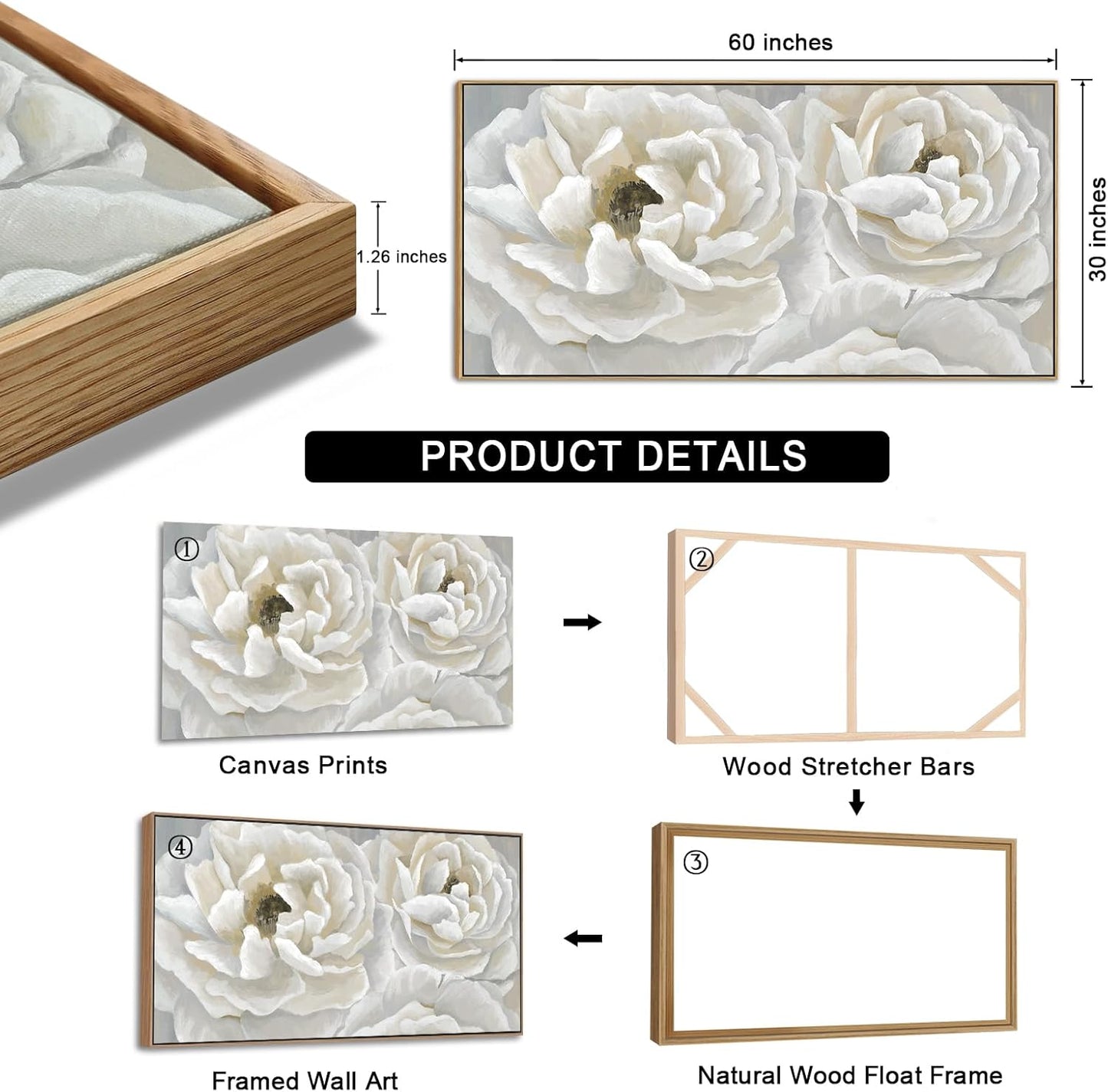 arteWOODS Cream White Flowers Framed Wall Art - Soft Peony Pictures for Wall Decor Elegant Blossom Flower Painting Artwork Botanical Prints for Living Room Home Office Wall Decoration 29" x 58"