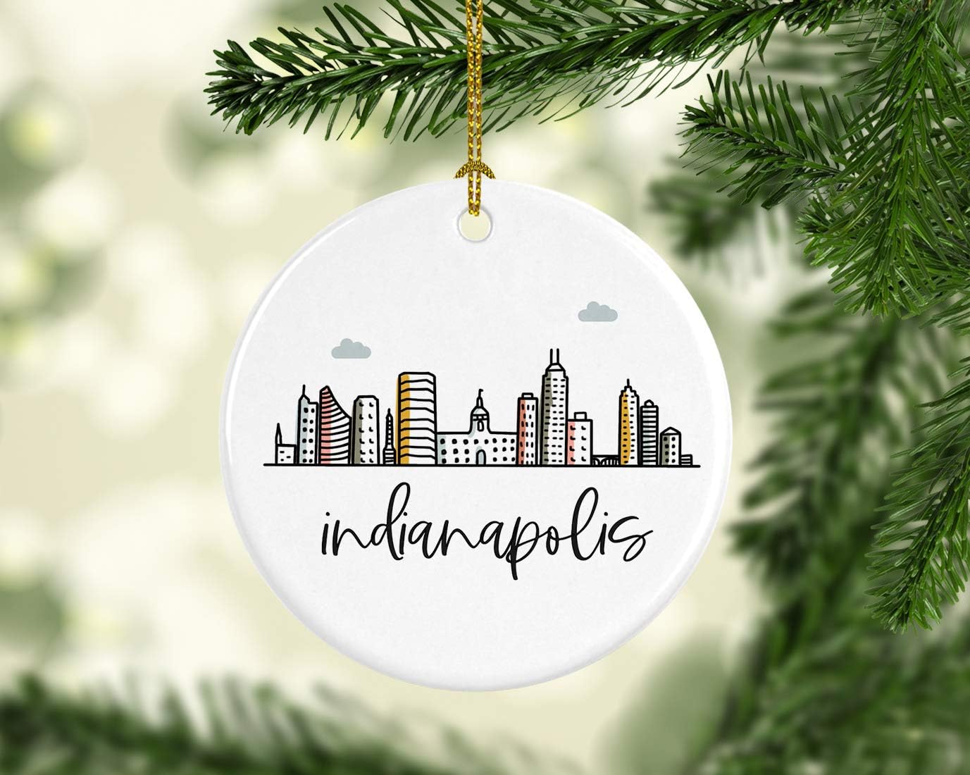 Andaz Press Round Ceramic Porcelain Christmas Tree Ornament Keepsake Gift, Indianapolis, Colorful City Skyline Graphic, 1-Pack, Birthday Ideas Family Coworker Him Her, Includes Gift Box