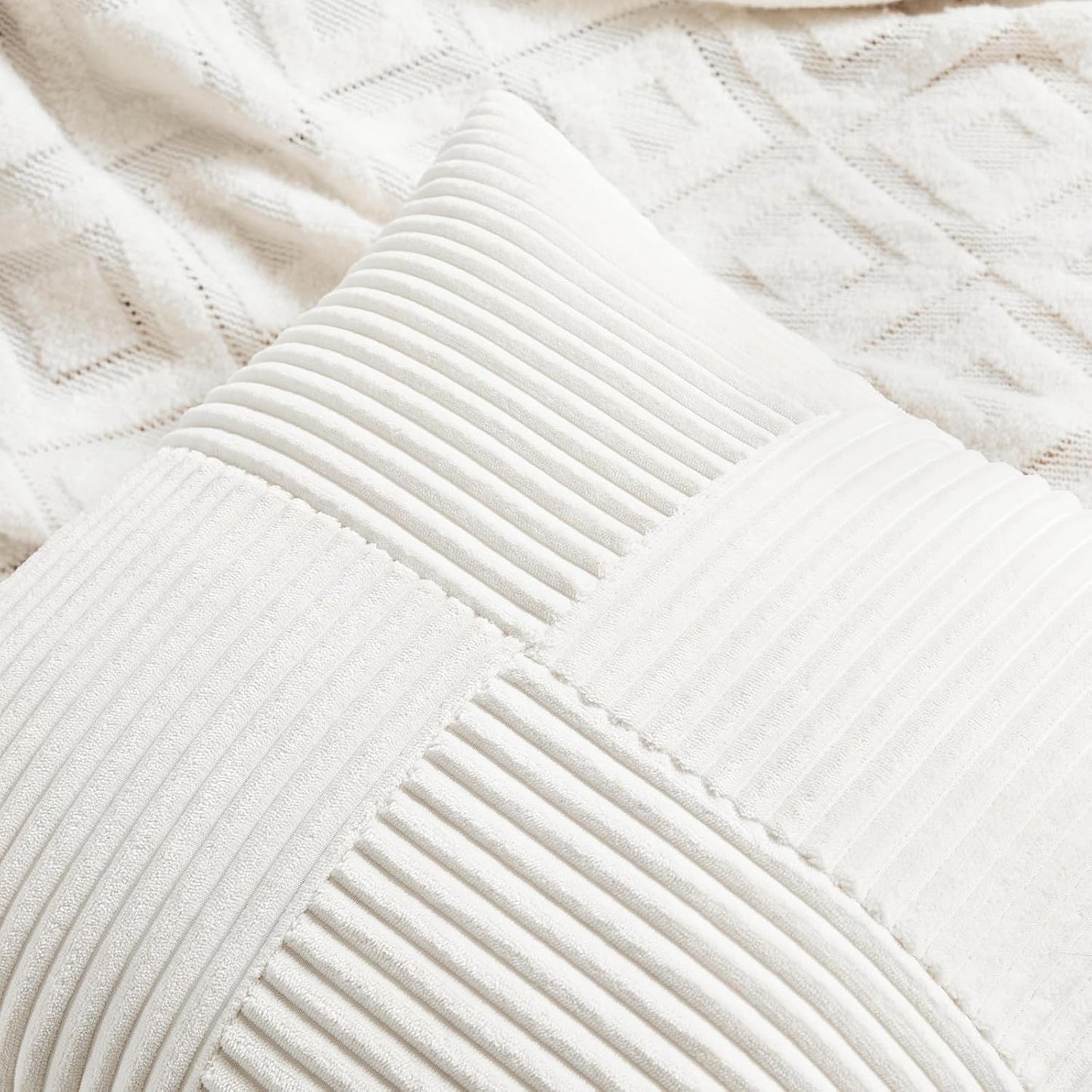 Fancy Homi 2 Packs Cream White Samll Decorative Throw Pillow Covers 14x14 Inch with for Couch Bed Sofa, Rustic Farmhouse Boho Home Decor, Soft Corss Patchwork Corduroy Square Cushion Case 35x35 cm