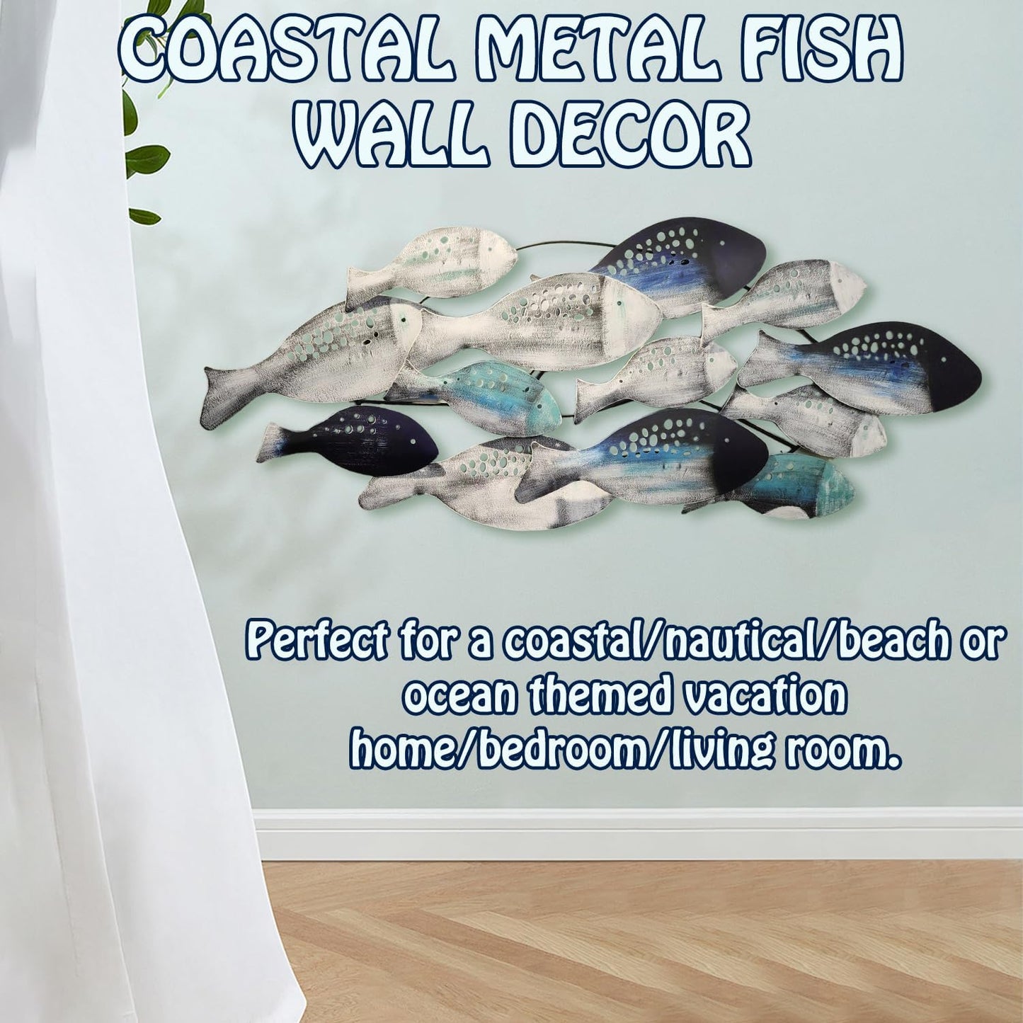 edaknez Coastal Metal Fish Wall Decor, Large Nautical Wall Art, School of Fish Wall Sculpture, for Living Room, Bedroom Beach or Ocean Decor (C 50 inch x 21 inch)