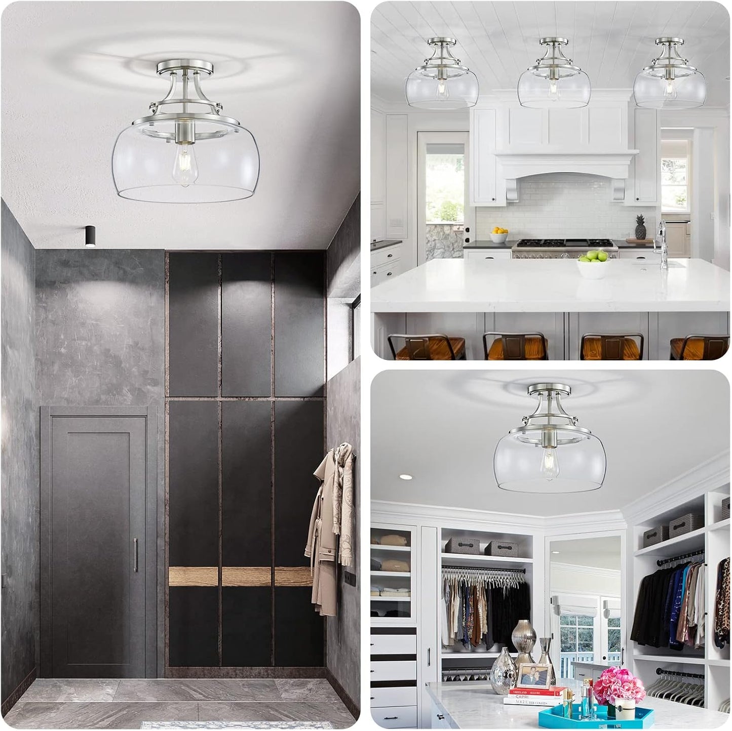 WUZUPS Chandelier Rustic Farmhouse Industrial Round Semi-flushmount Ceiling LED Light Fixture with Clear Glass Shades for Bathroom Kitchen Foyer Entryway, H 11.8" x W 13.4", E26 Base, Brushed Nickel