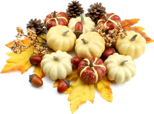 23Pcs Fake Pumpkins Fall Thanksgiving Decorations,Plastic Pumpkins with Acorns,Maple Leaves,Pine cones,Berries, Artificial Mini Pumpkin Decorating Harvest Home Decor Centerpiece Table Decorations