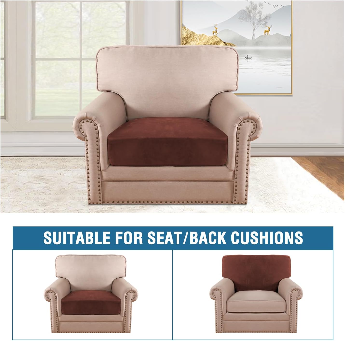 H.VERSAILTEX Velvet Stretch Couch Cushion Cover Plush Cushion Slipcover for Chair Cushion Furniture Protector Seat Cushion Sofa Cover (1 Piece Armchair Cushion Covers, Burnt Brick)