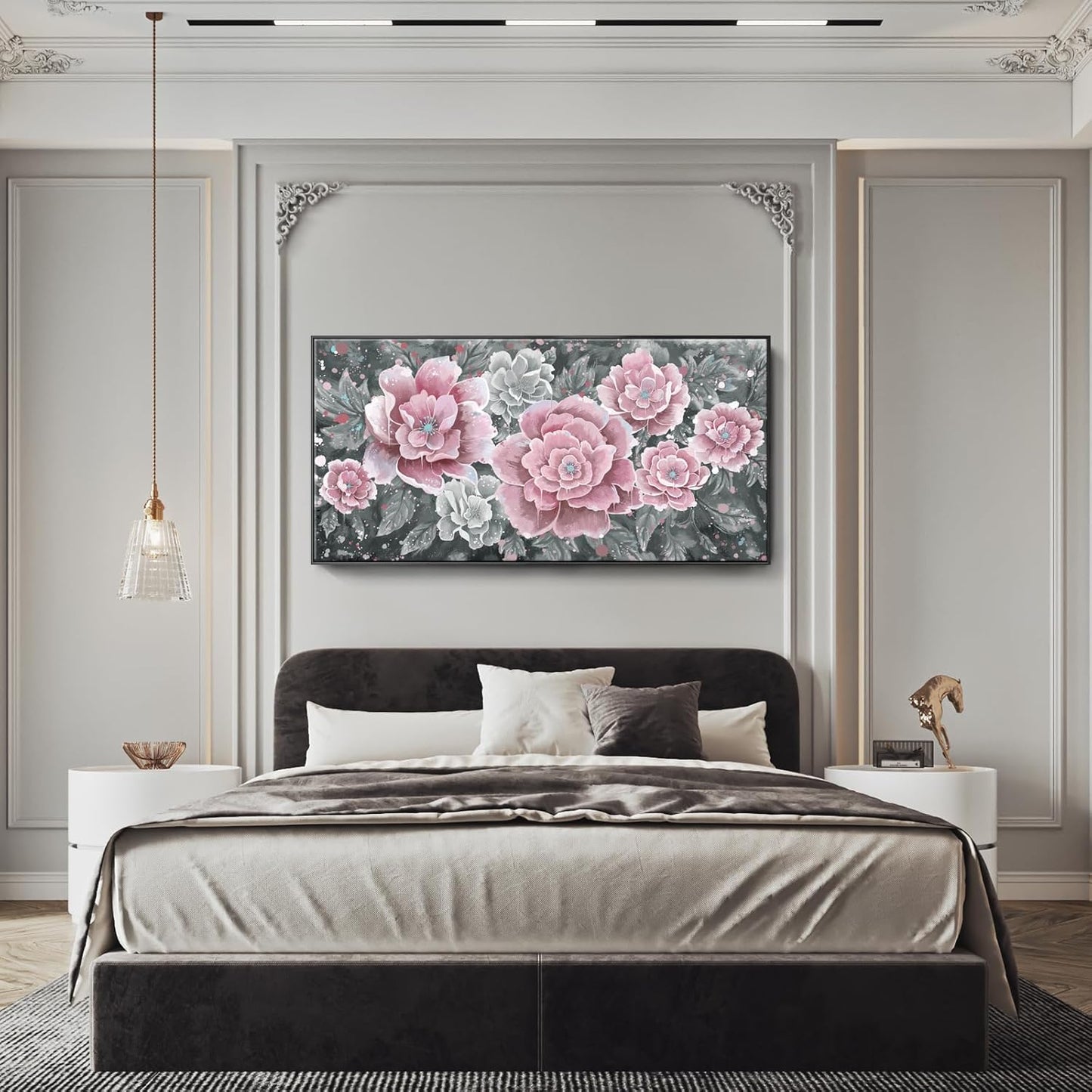 Oversized Framed Wall Art, Pink Flower Canvas Print Modern Pink & Grey Peony Blossom Artwork Extra Large Wall Picture Floral Decor for Living Room Bedroom Dining Room Office Home Decor