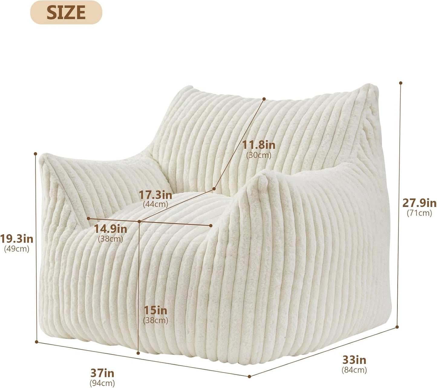 Giant Bean Bag Chairs for Adults Teens, Large Bean Bag Sofa Chairs with Filling Comfy Fuzzy BeanBag Chair with Armrests for Bedroom Living Room Reading