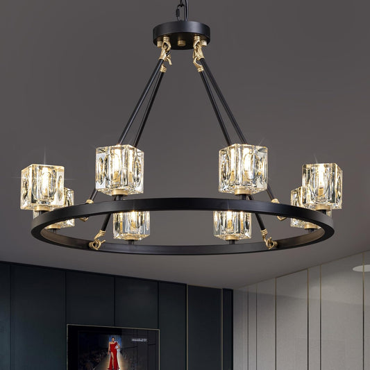 Black Wagon Wheel Chandelier, 8-Light Farmhouse Crystal Chandeleirs with Adjustable Height,Ceiling Hanging Light Fixture Pendant Lights for Living Room,Bedroom,Kitchen Island,Dining Room,Bedroom