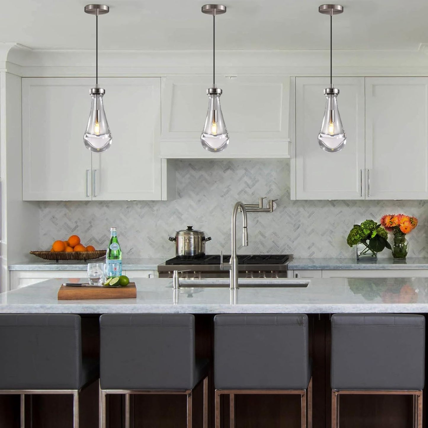 Raindrop Pendant Lights Set of 3, Modern Pendant Lights Kitchen Island 3 Pack, Brushed Nickel Island Light, Pendant Light for Bedroom Bathroom, Chandelier for Living Room Hallway