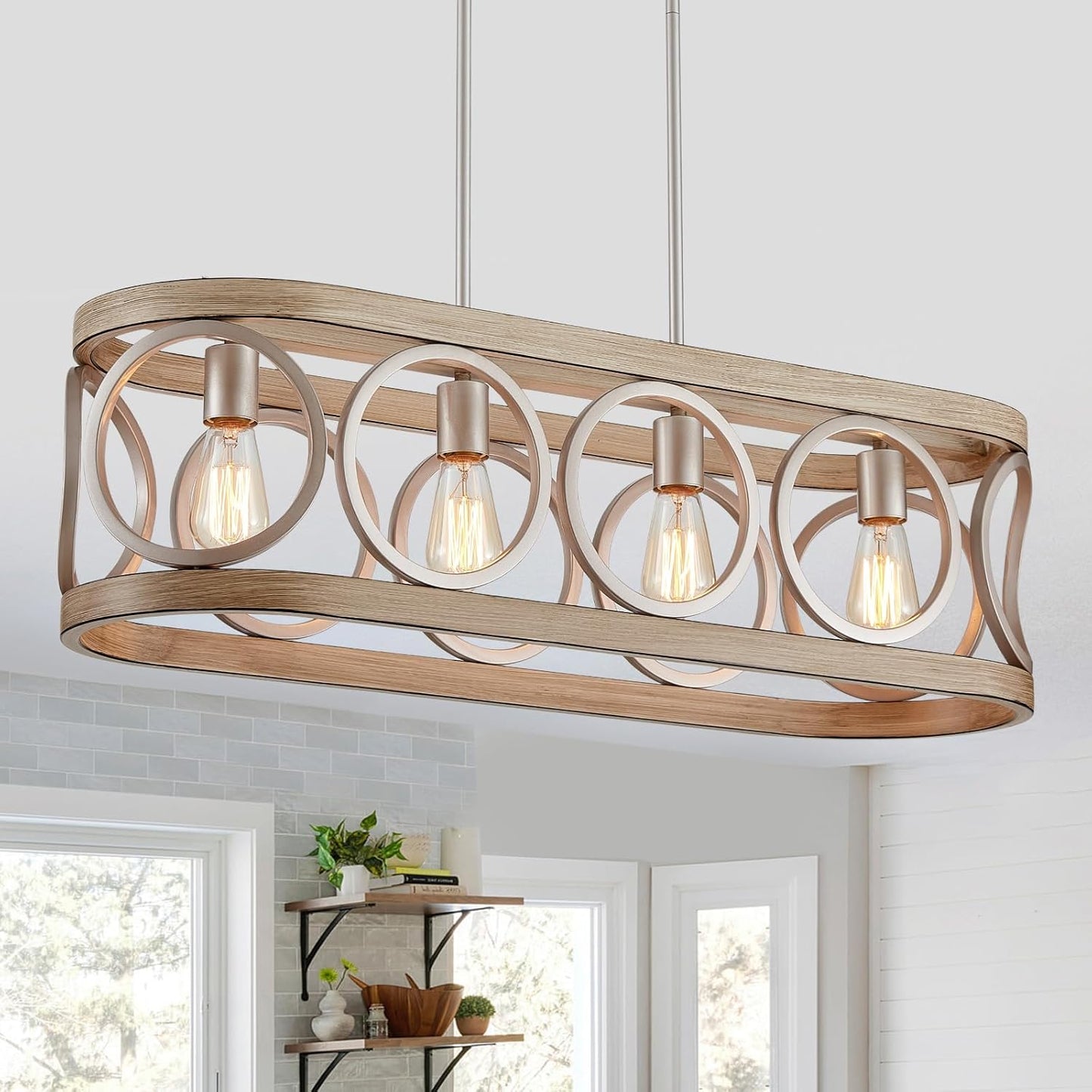 XINGQI Kitchen Island Chandelier for Dining Room Modern Farmhouse Rectangle Pendant Lighting Fixture Vintage Linear Hanging 4-Light Rustic Living Room, Antique Brushed Nickel and Wood Grain Finish