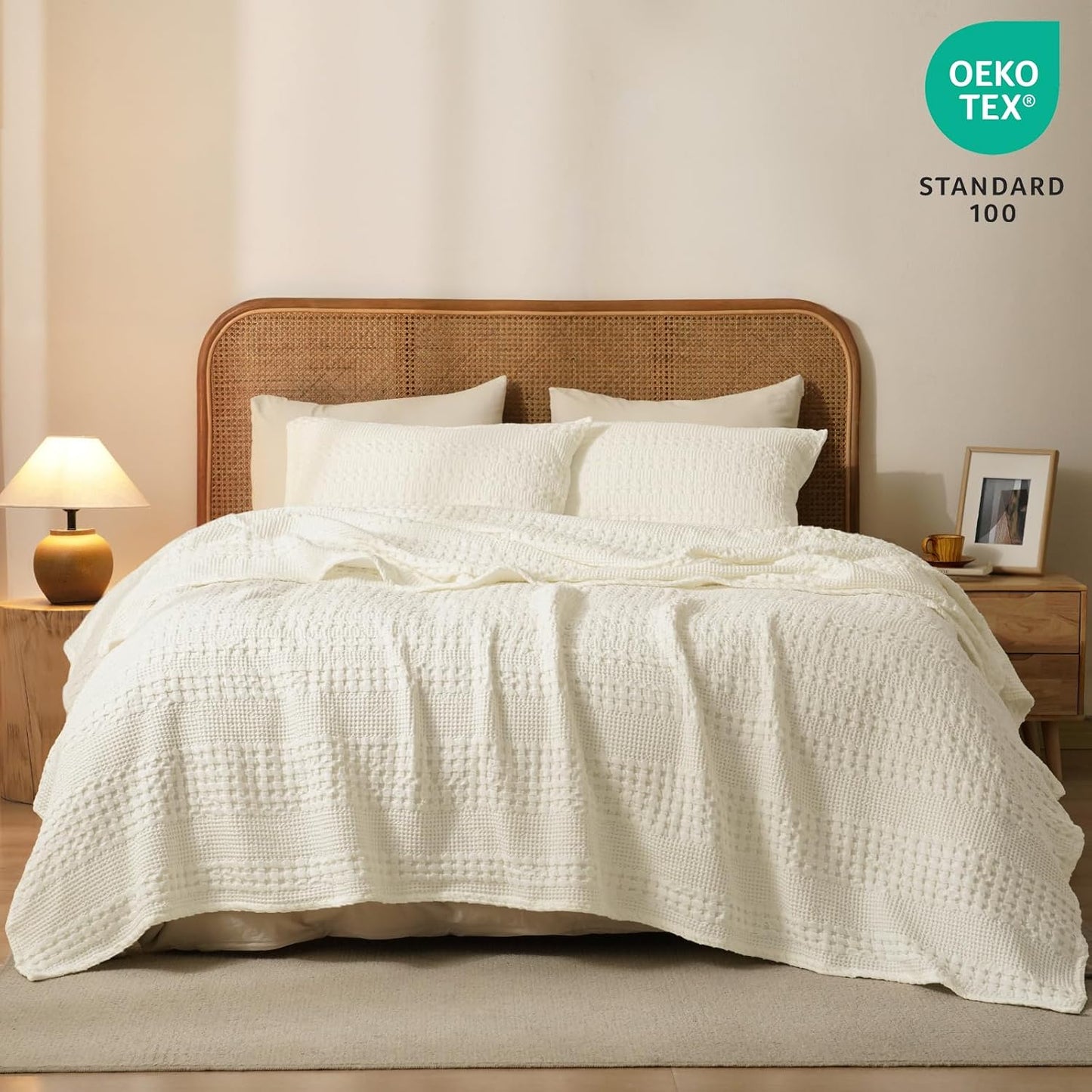 PHF 100% Cotton Waffle Weave Blanket Twin Size, Soft Lightweight Breathable Cozy Summer Blankets for Bed, Luxury Aesthetic Woven Bedding for Home Decor, 66"x90", Cannoli Cream